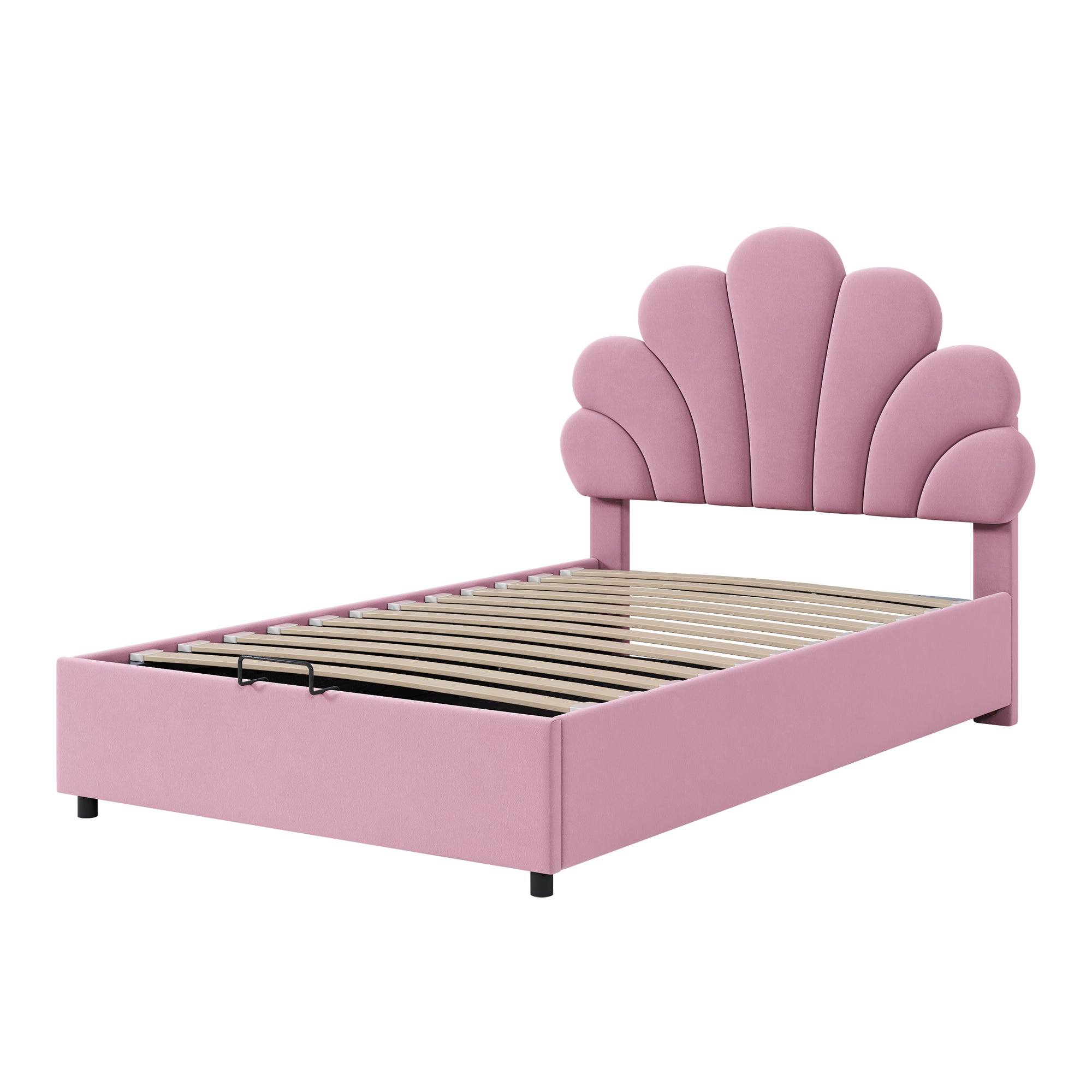 Upholstered Children's Bed 90 x 200 cm, Floral Headboard, Hydraulic Storage, Pink Velvet
