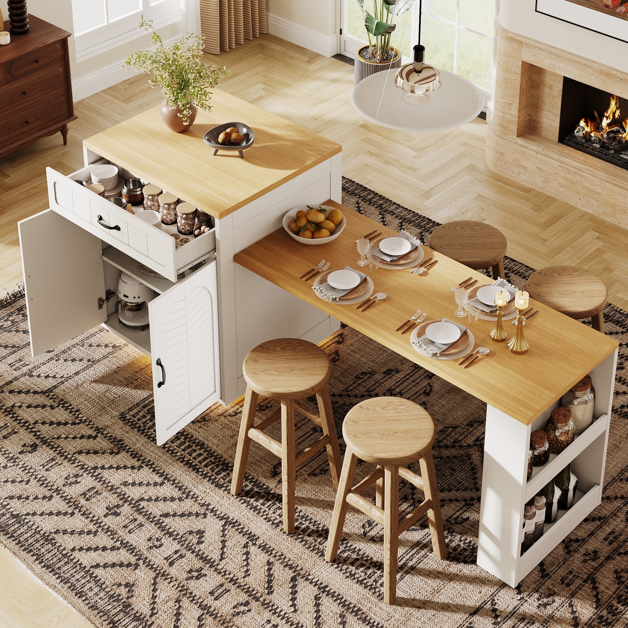 Kitchen Island with Pull-out Table and Storage, 2 Drawers and 4 Doors, Black/White