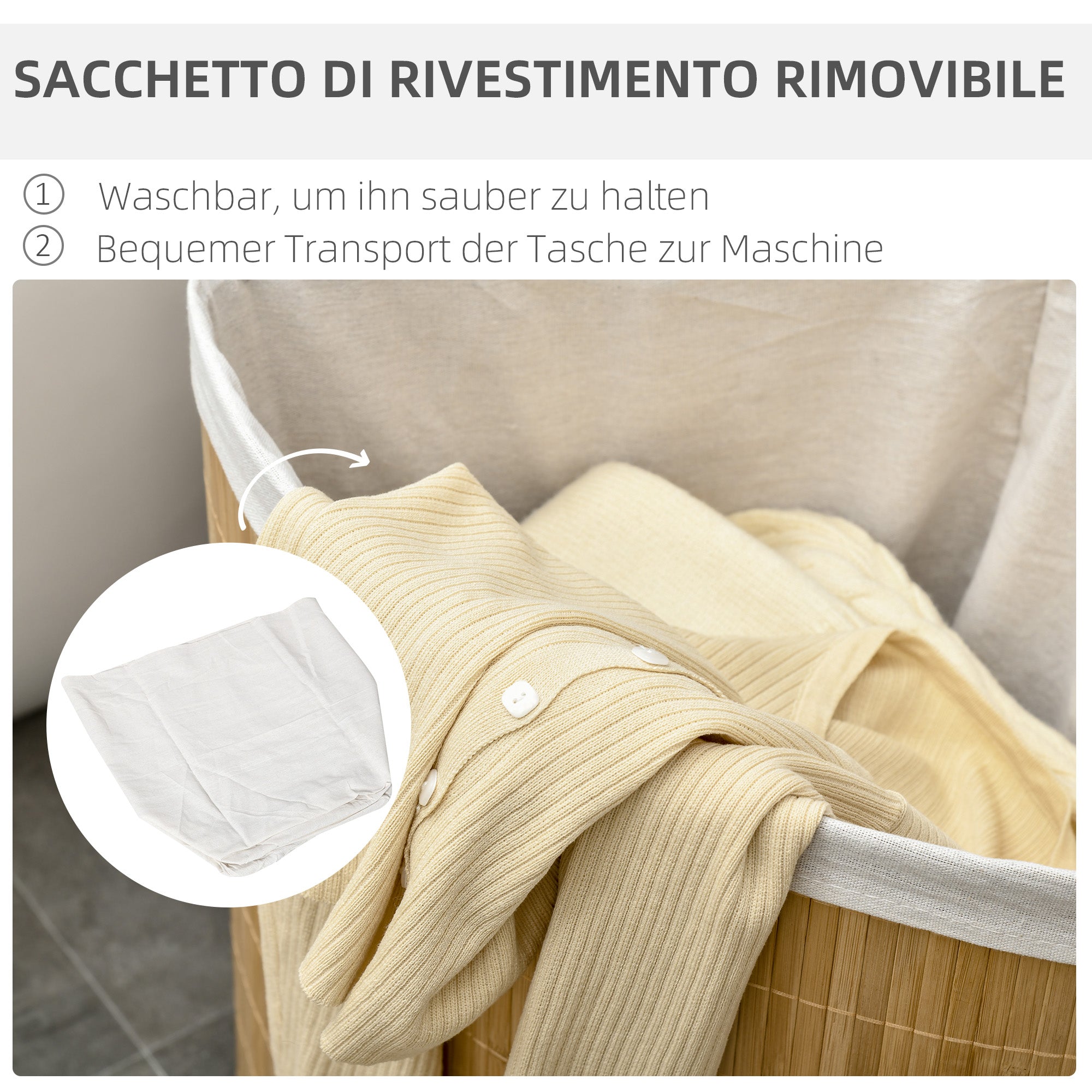 Bamboo Laundry Basket, Corner 55L with Lid, Natural Wood and White