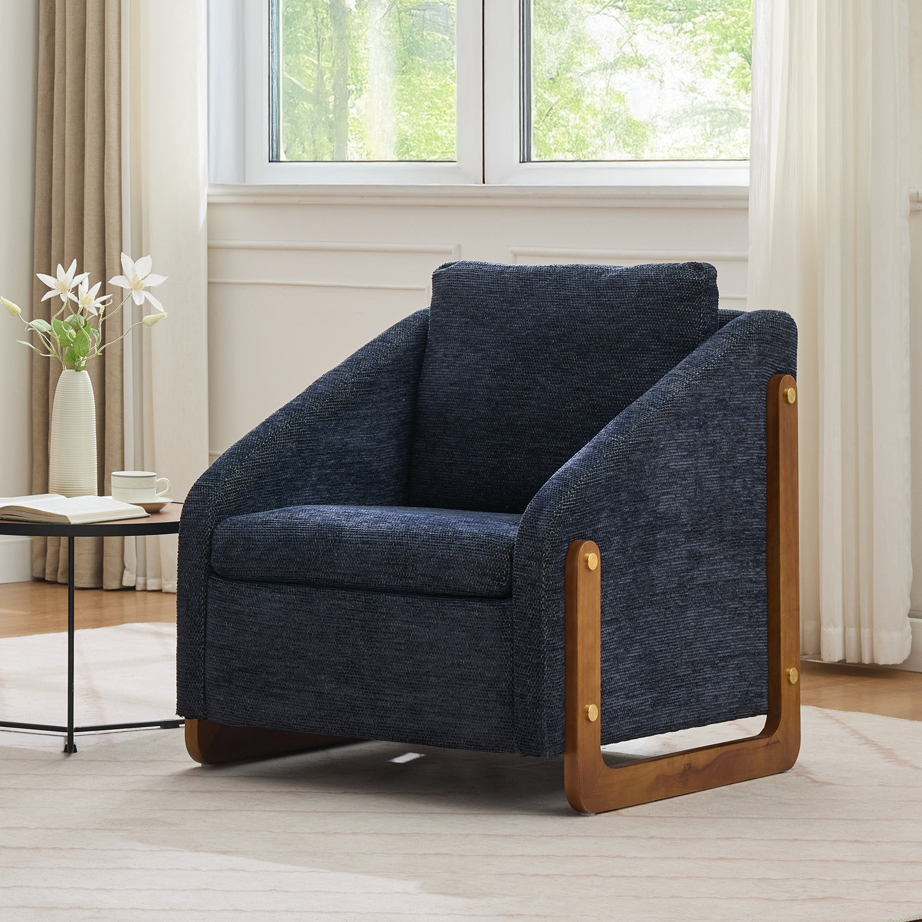057 Armchair, Modern Lounge Chair with Wooden Armrests, Blue Chenille Fabric