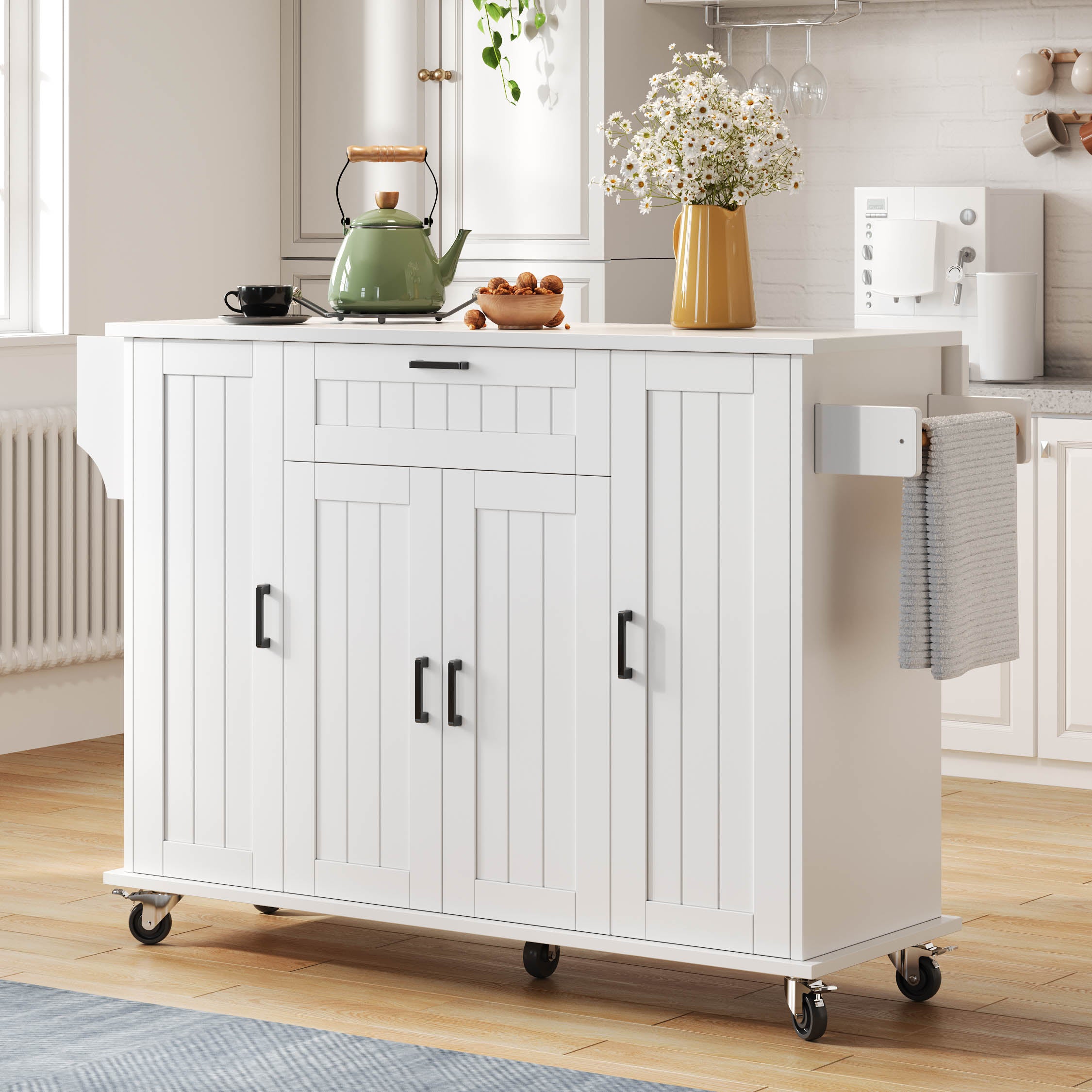 Mobile Kitchen Island Folding Worktop, Cabinet Storage, Spice Racks & Towel Rails - White