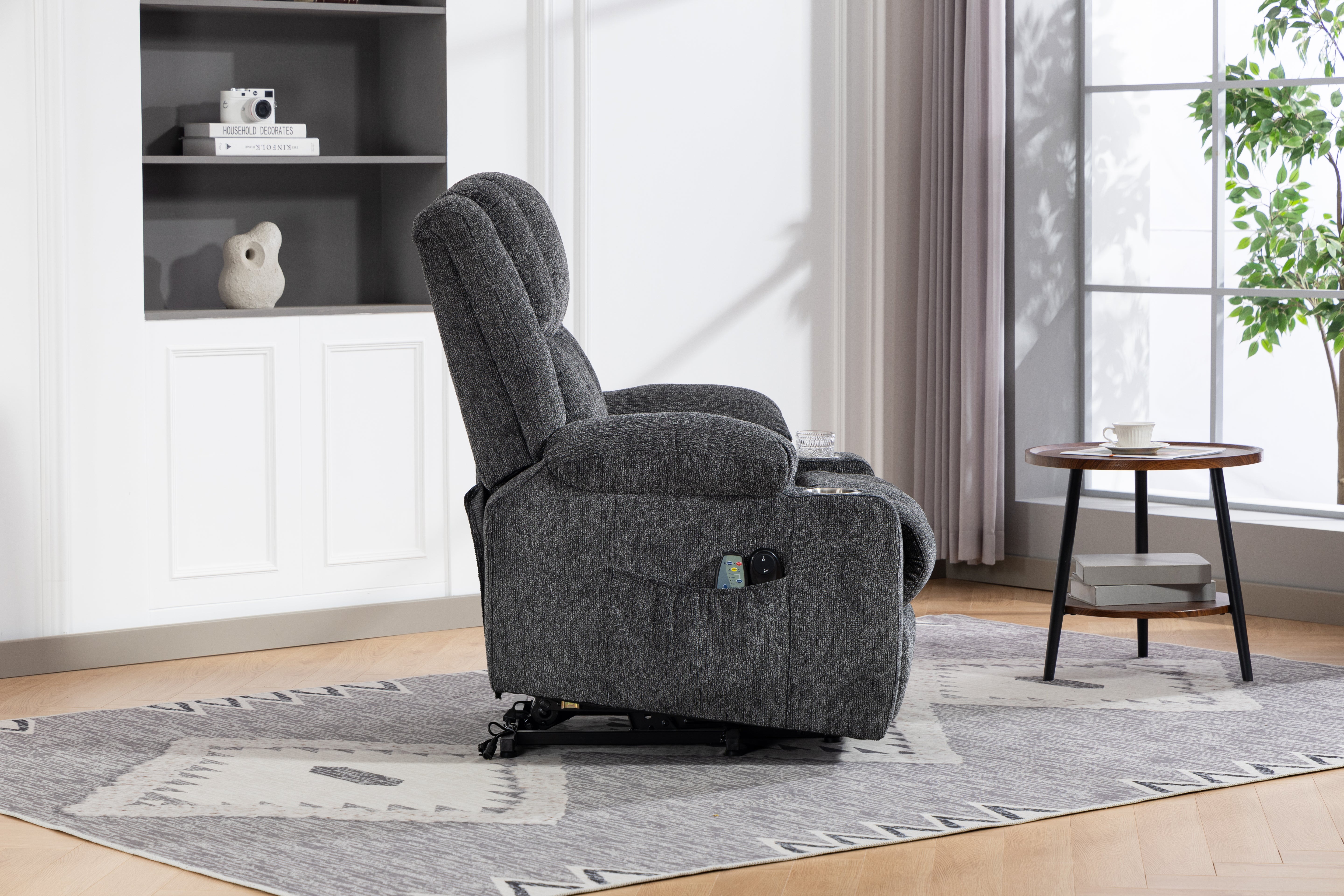 Electric Armchair Lift Assist Massage Heat Footrest Cup Holder - Dark Grey