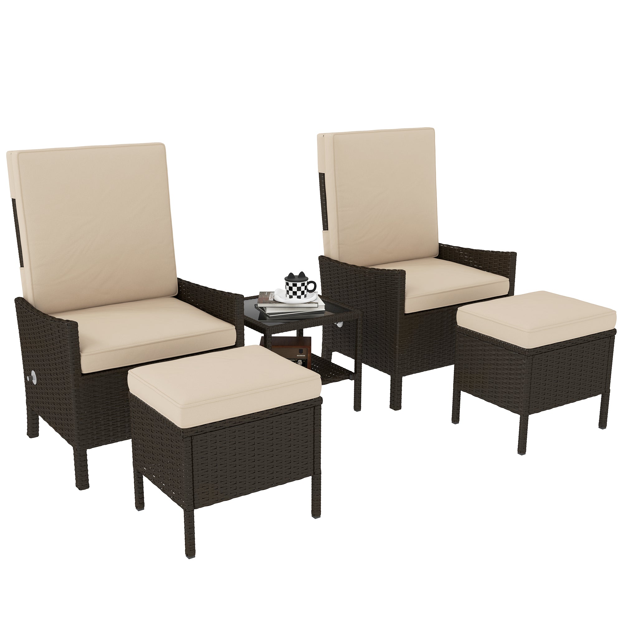 5 Piece Rattan Garden Furniture Set with Armchairs and Footstools, Khaki Wicker