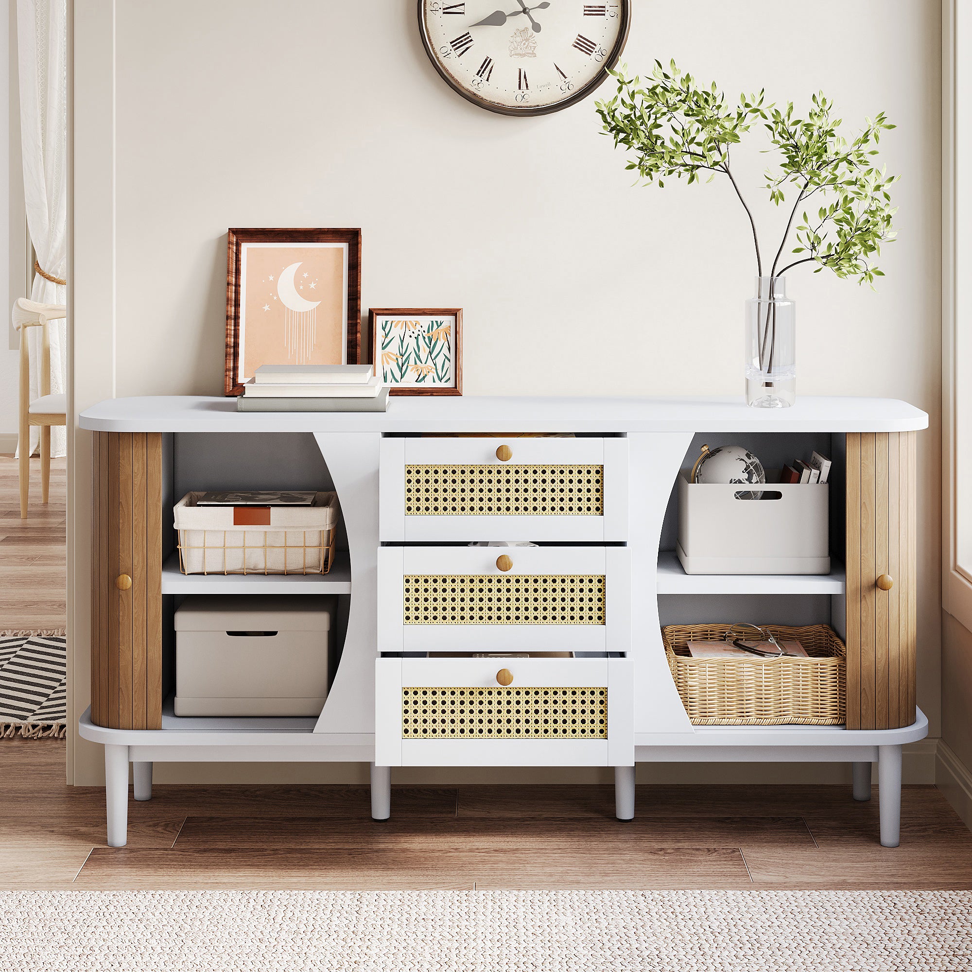 Sideboard Rattan Sliding Doors Adjustable Shelves - Curved Top