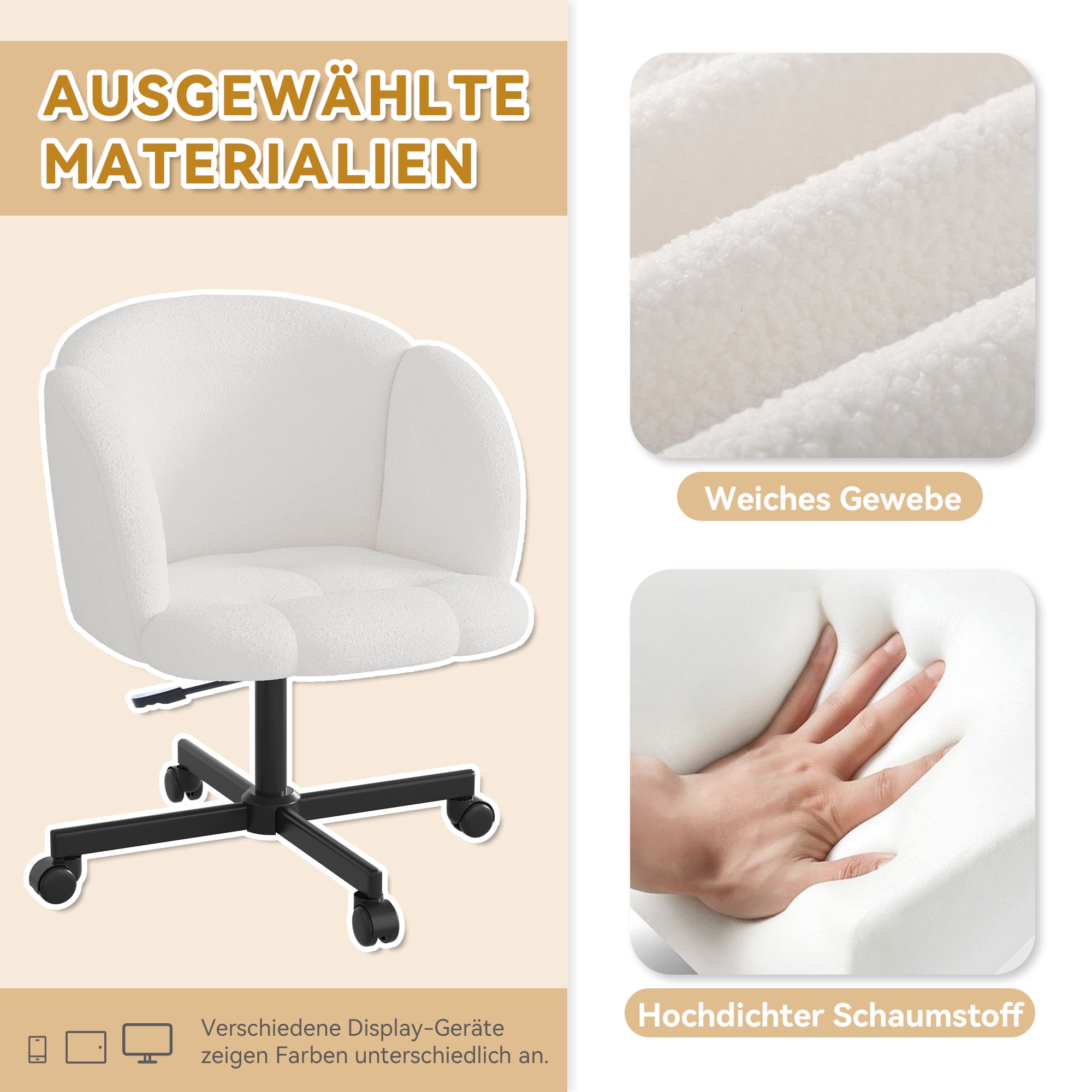 Swivel Desk Chair 360° Swivel Adjustable Height Teddy Beige