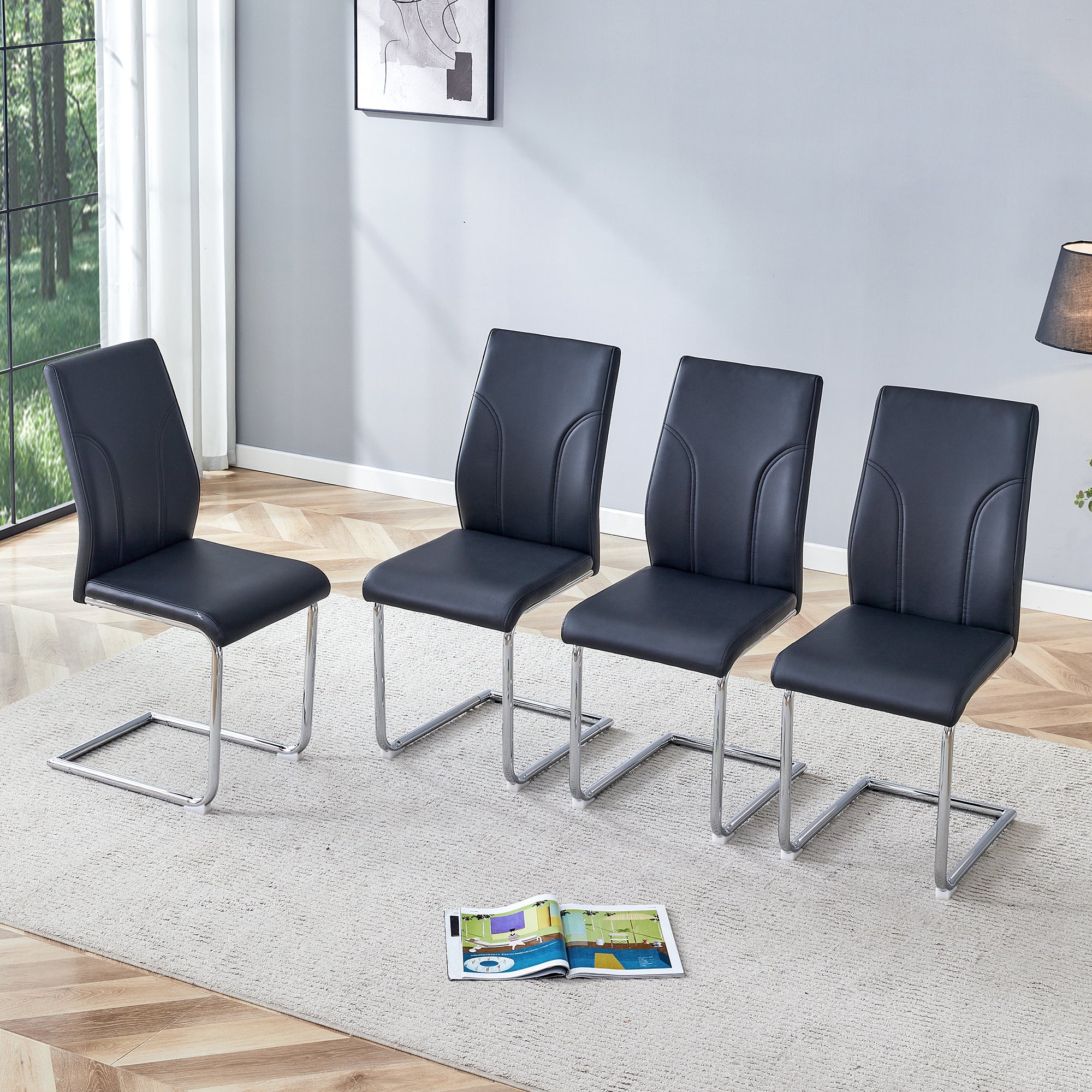 Dining Chairs Set of 2 Silver Metal Legs Black PU Material