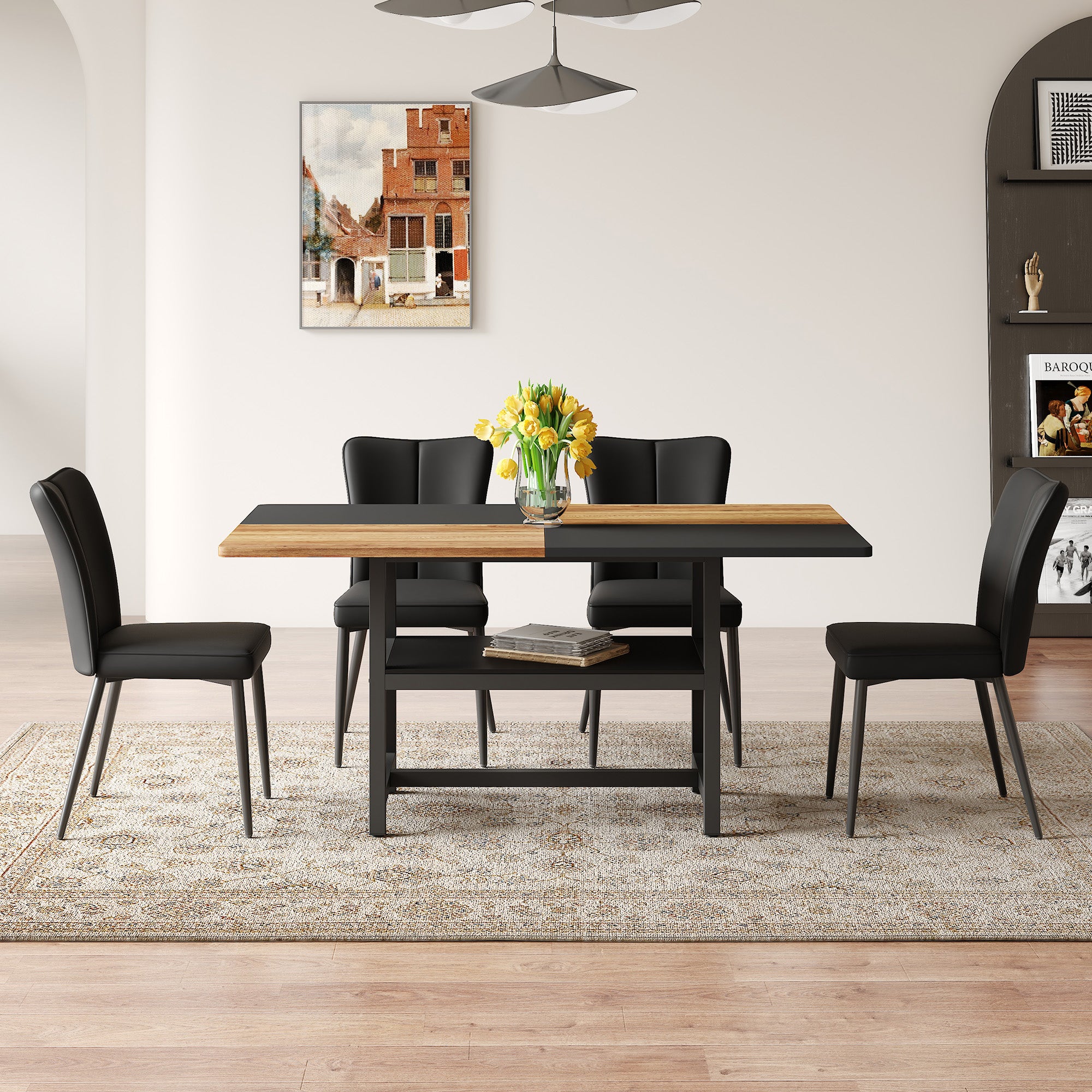 Dining Table Set, 160cm Rectangular with 4 Chairs & Storage, Black PU/Metal