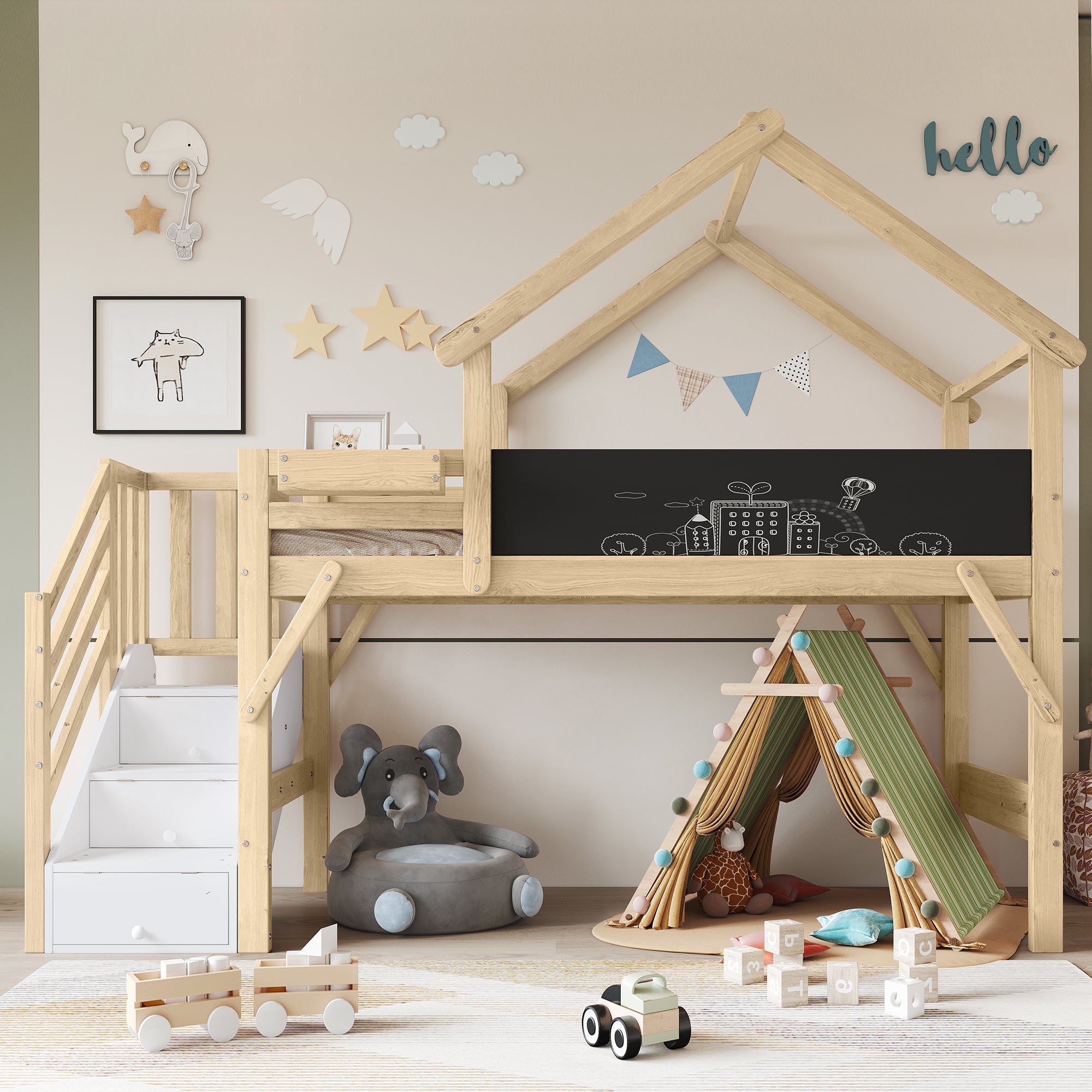Children's Bunk Bed Roof Design Chalkboard Storage Stairs 90x200cm, White/Natural Pine/MDF/Plywood