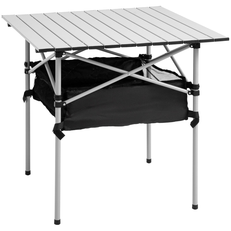 Portable Camping Table with Mesh Bag, Steel Frame, Silver Black