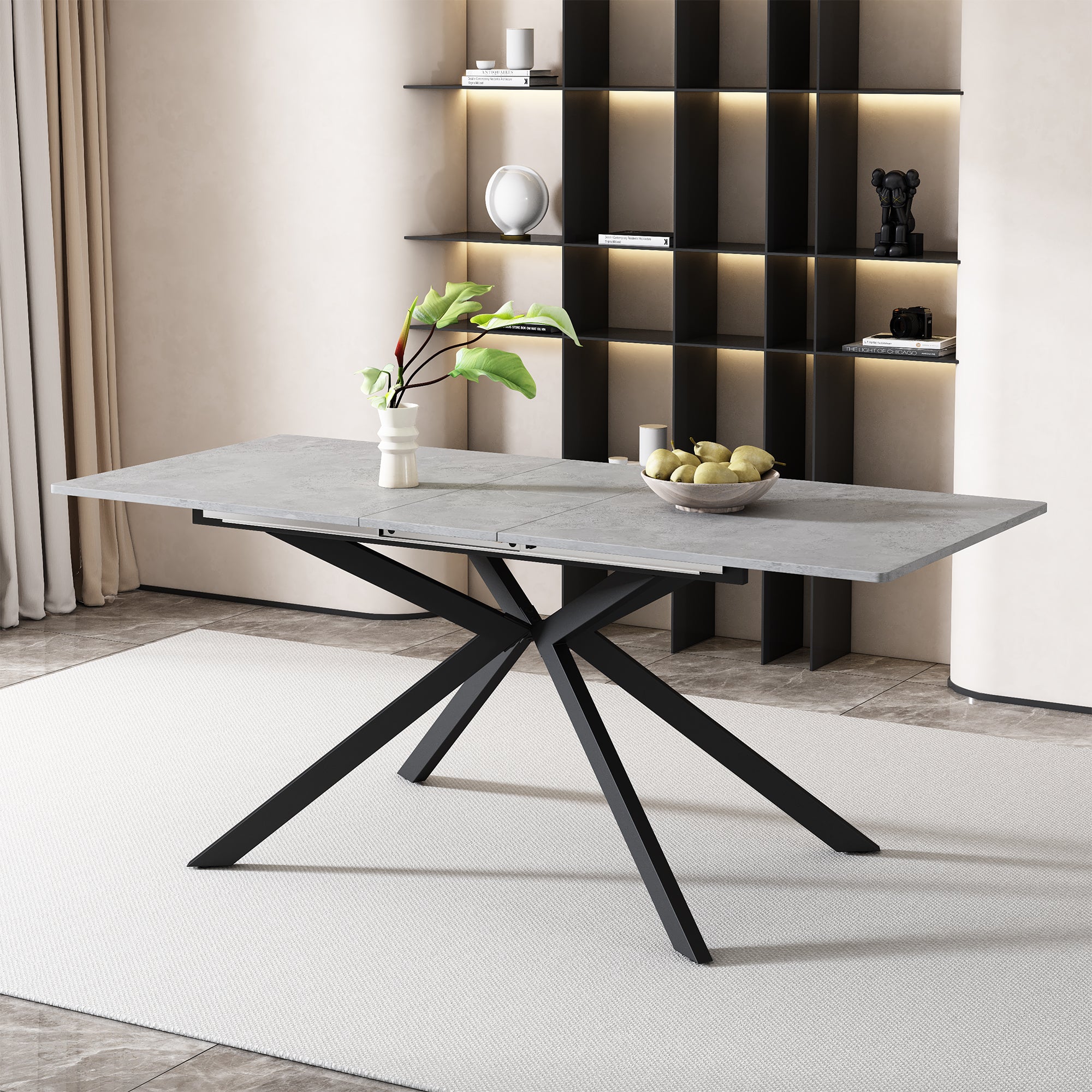 Extendable Dining Table Automatic Rectangular Cross Leg L150/180cm - Cement Pattern Black/Grey