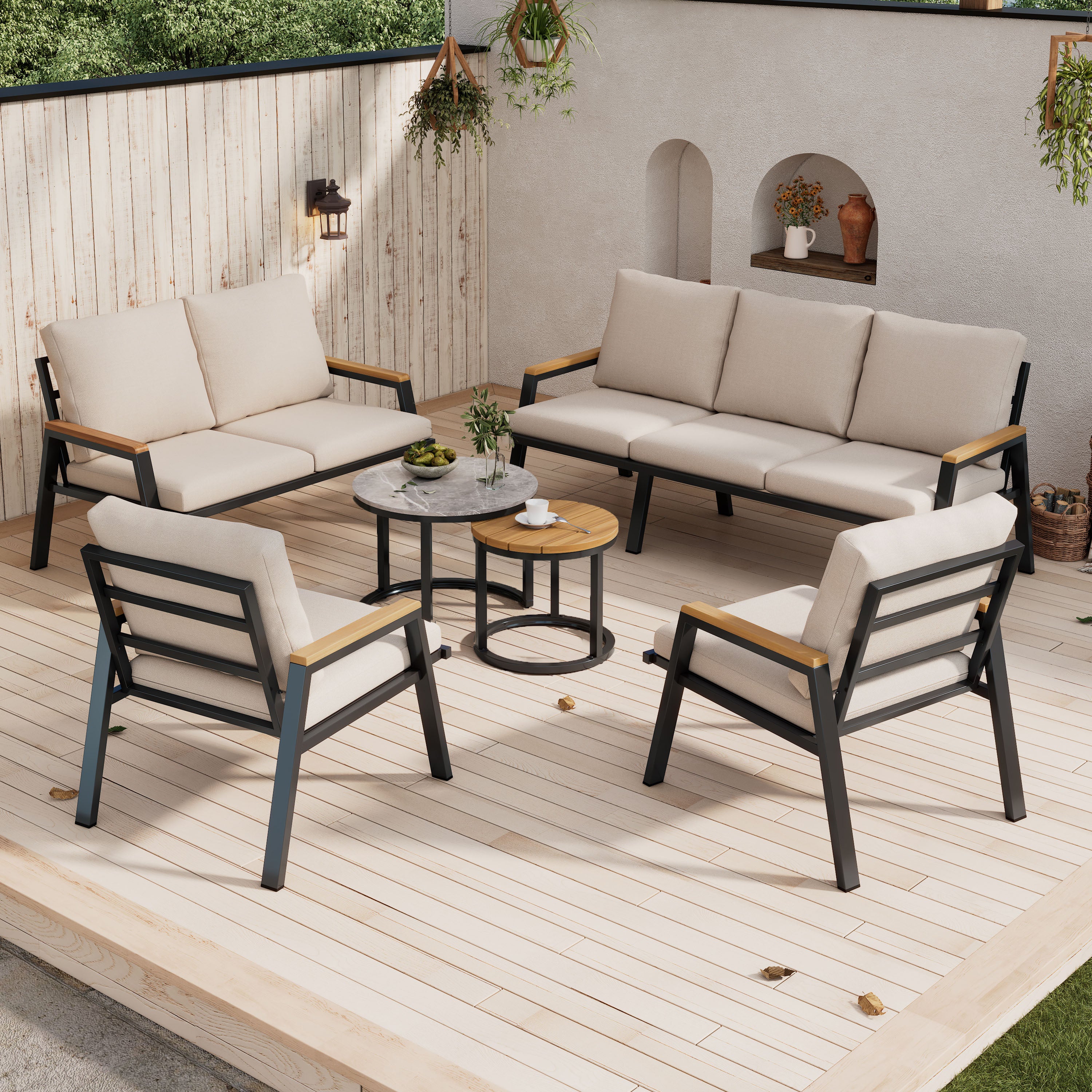 Garden Lounge Set with 3-Seater Sofa, 2-Seater Sofa, 2 Armchairs and 2 Coffee Tables, Galvanized Steel, Grey-Beige
