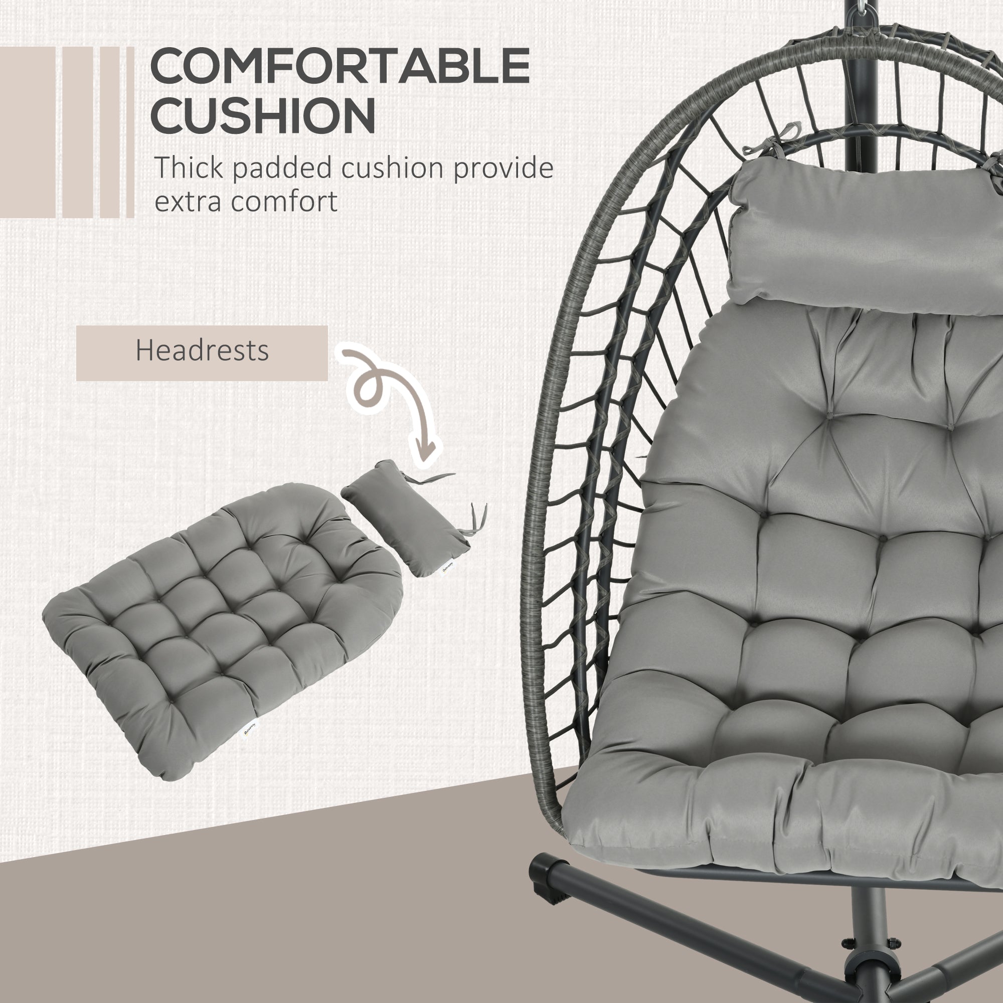 Outdoor PE Rattan Swing Chair Foldable Hanging Egg Chair with Metal Stand and Cushion, Light Grey