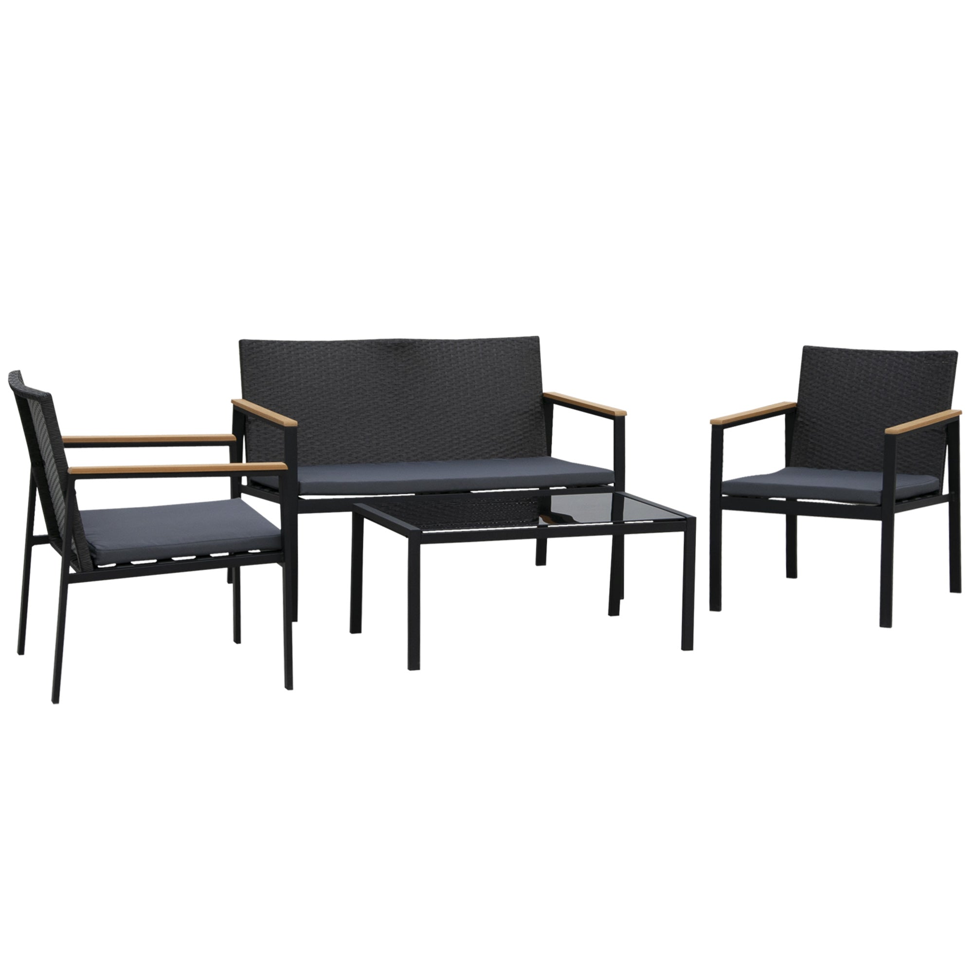 4 Piece Rattan Garden Furniture Set, 4 Seater Sofa Loveseat Armchairs Glass Table, Black