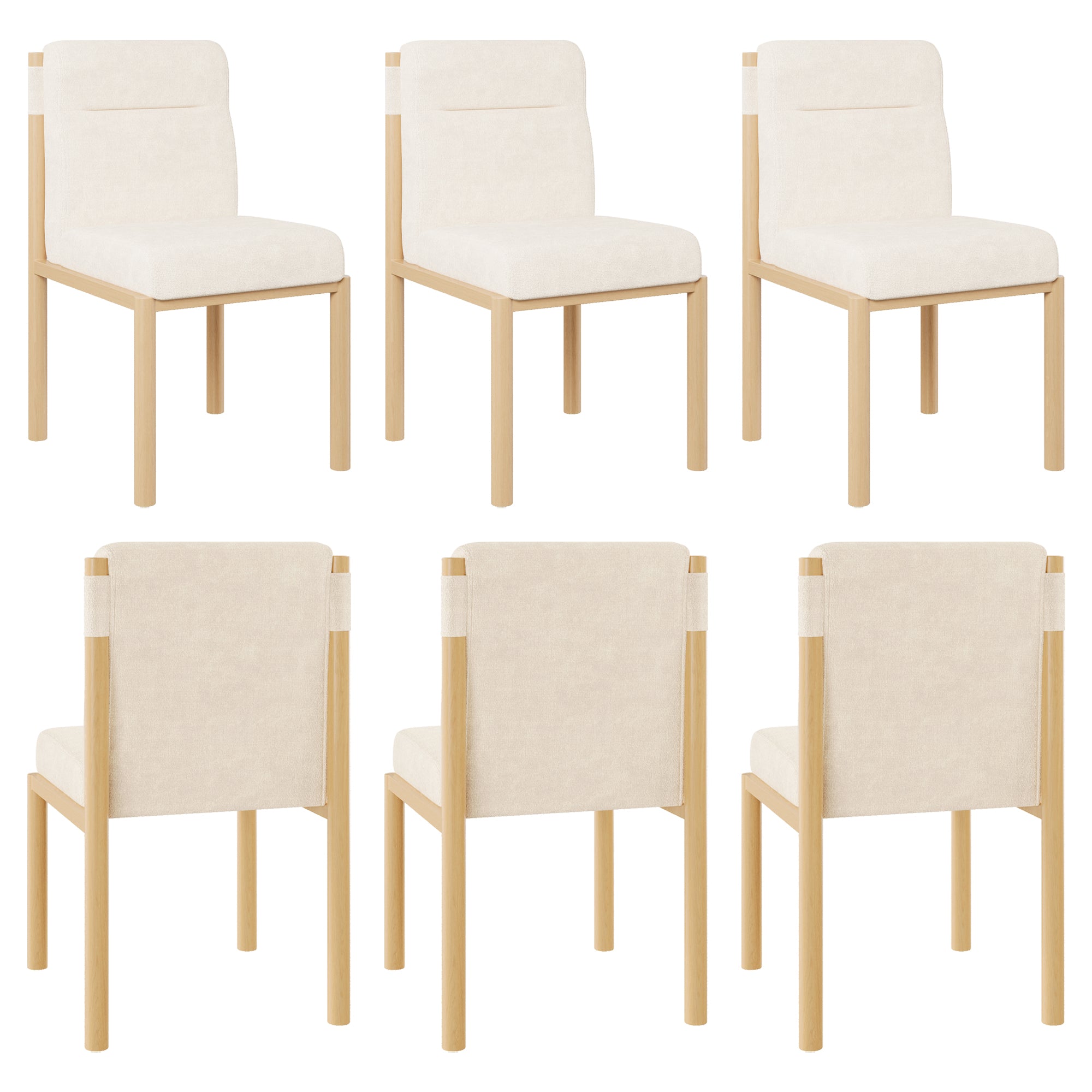 Dining Chairs, Set of 6, Oak-Effect Frame, Padded Seats, Sherpa Fabric Beige