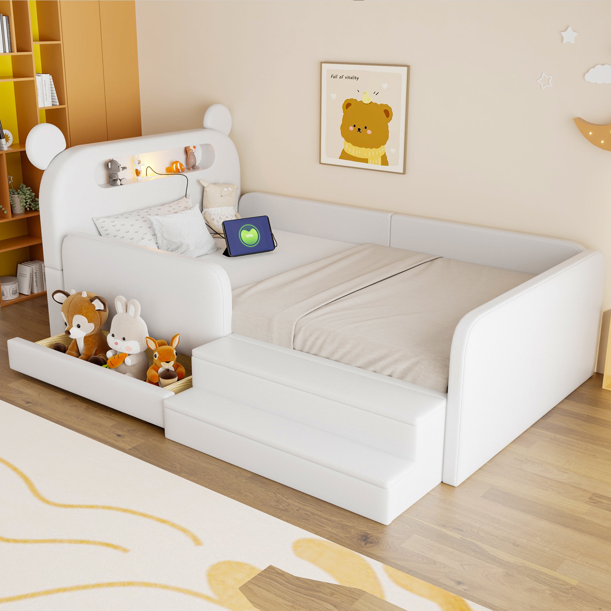 Children's Upholstered Bed 90x200cm Bear Headboard Night Light USB Storage Step Seat White Faux Leather