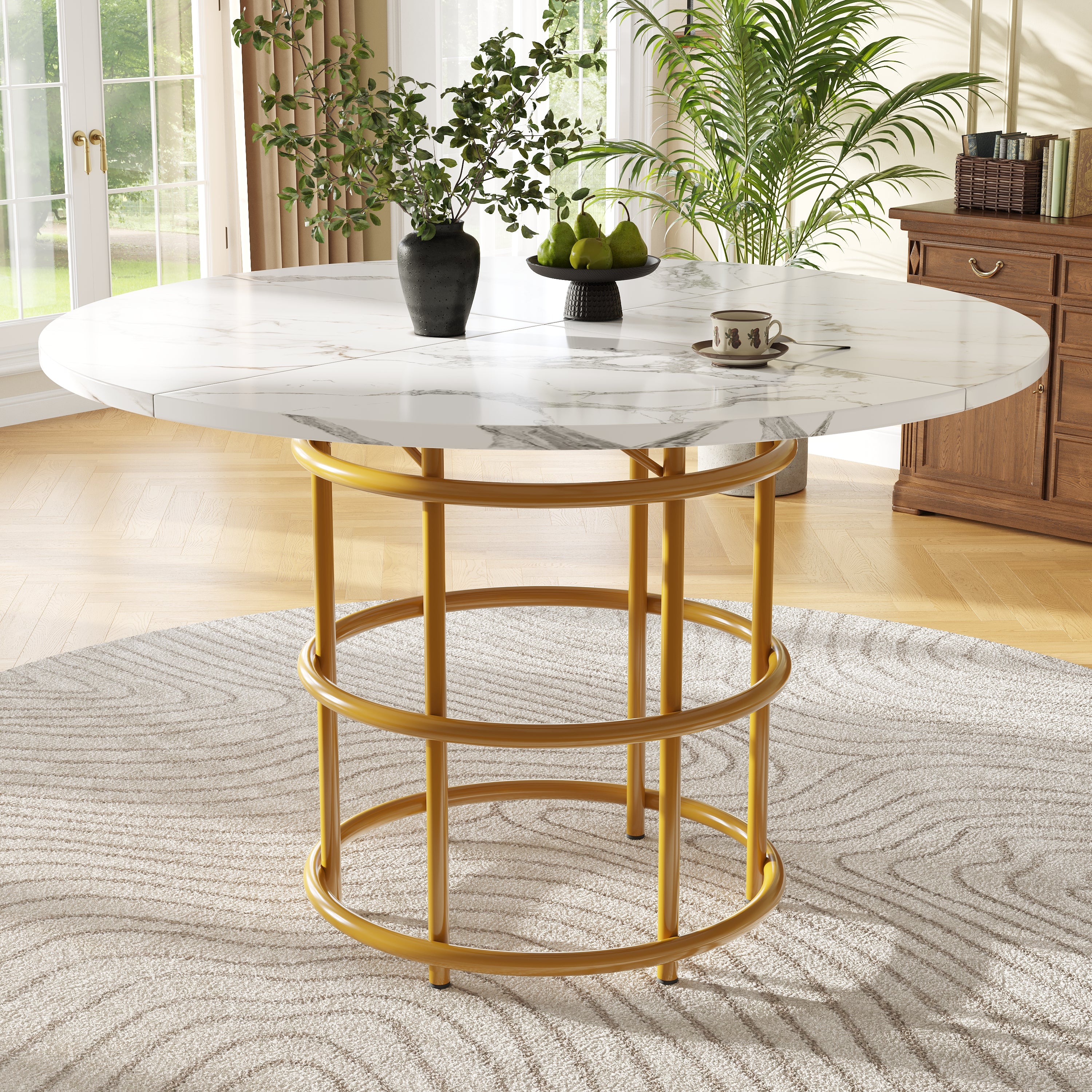 Round Dining Table 100cm 4-6 Seat Metal Ring Legs - Marbled MDF / Gold