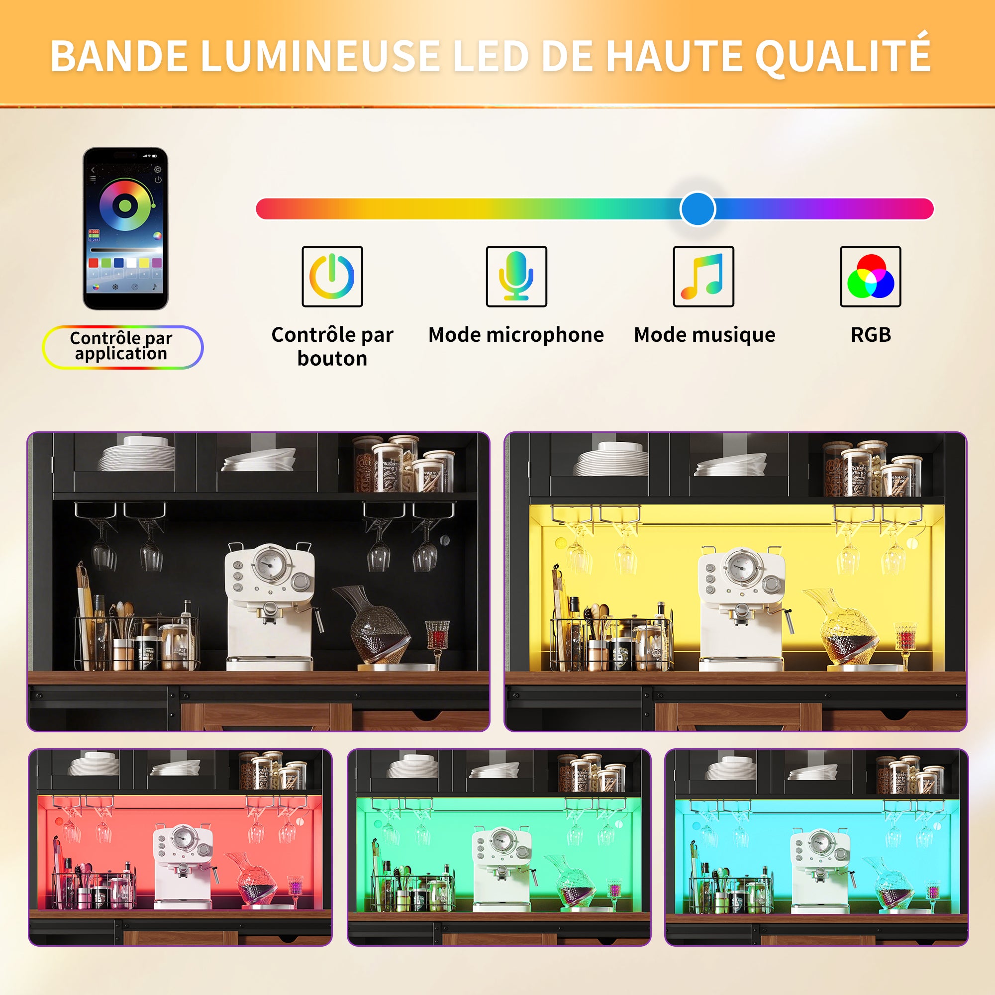 Modern Tall Sideboard Cabinet with LED App Control and Sliding Door, Black