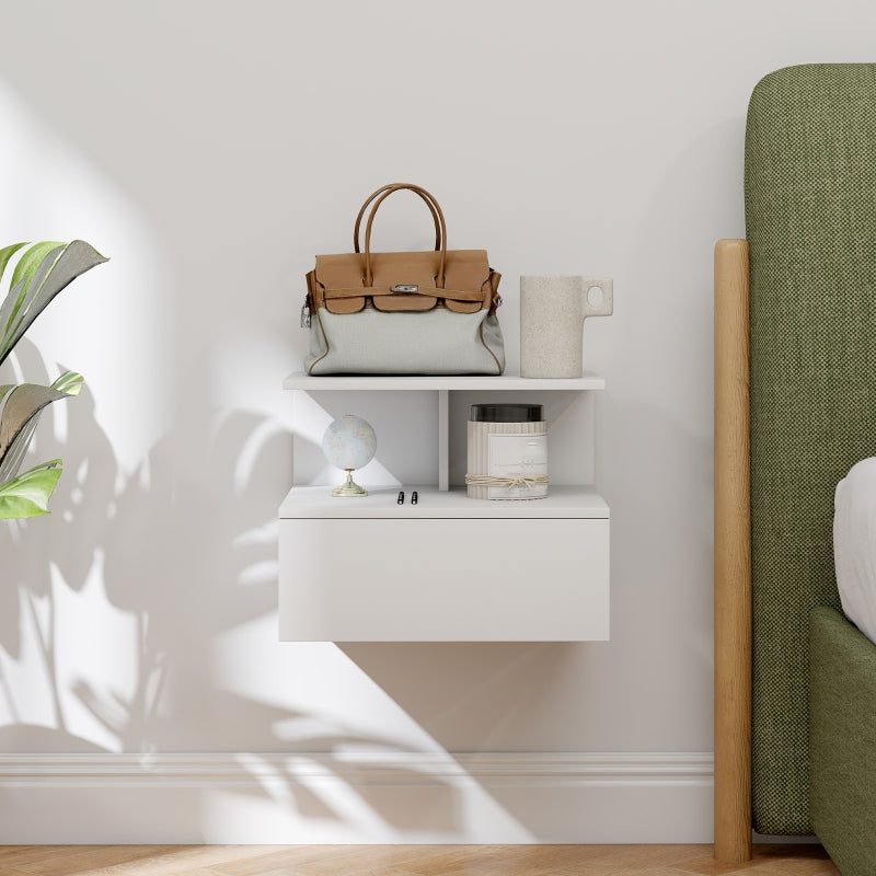 Hanging Nightstand, Drawer, Open Compartment, White