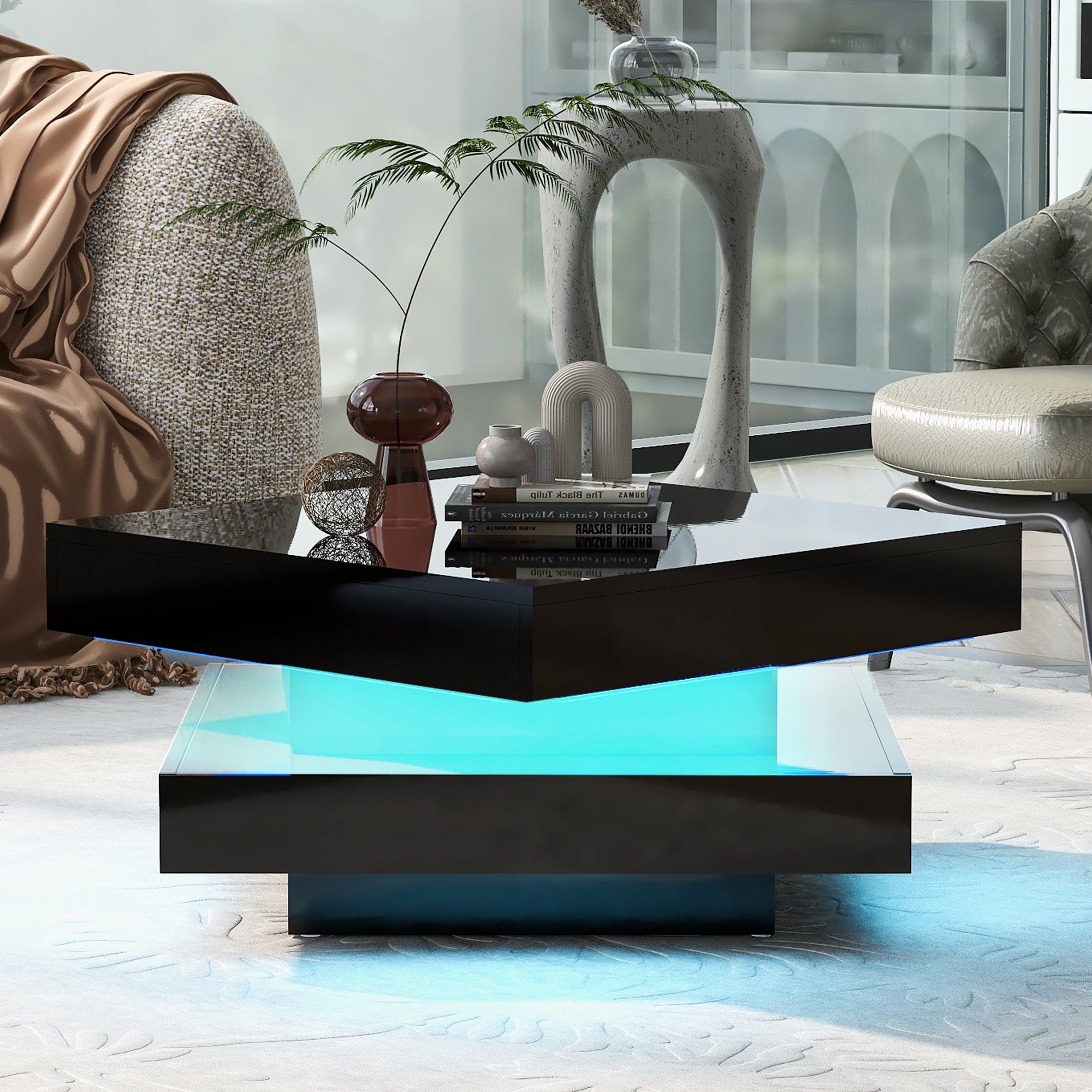 Square Coffee Table Rotating Top 16 LED Lights - High-Gloss Black