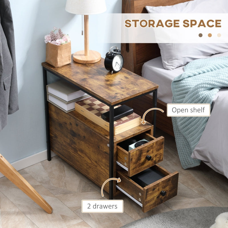 Side Table with 2 Drawers and Storage Shelf, Industrial Metal Frame, Rustic Brown