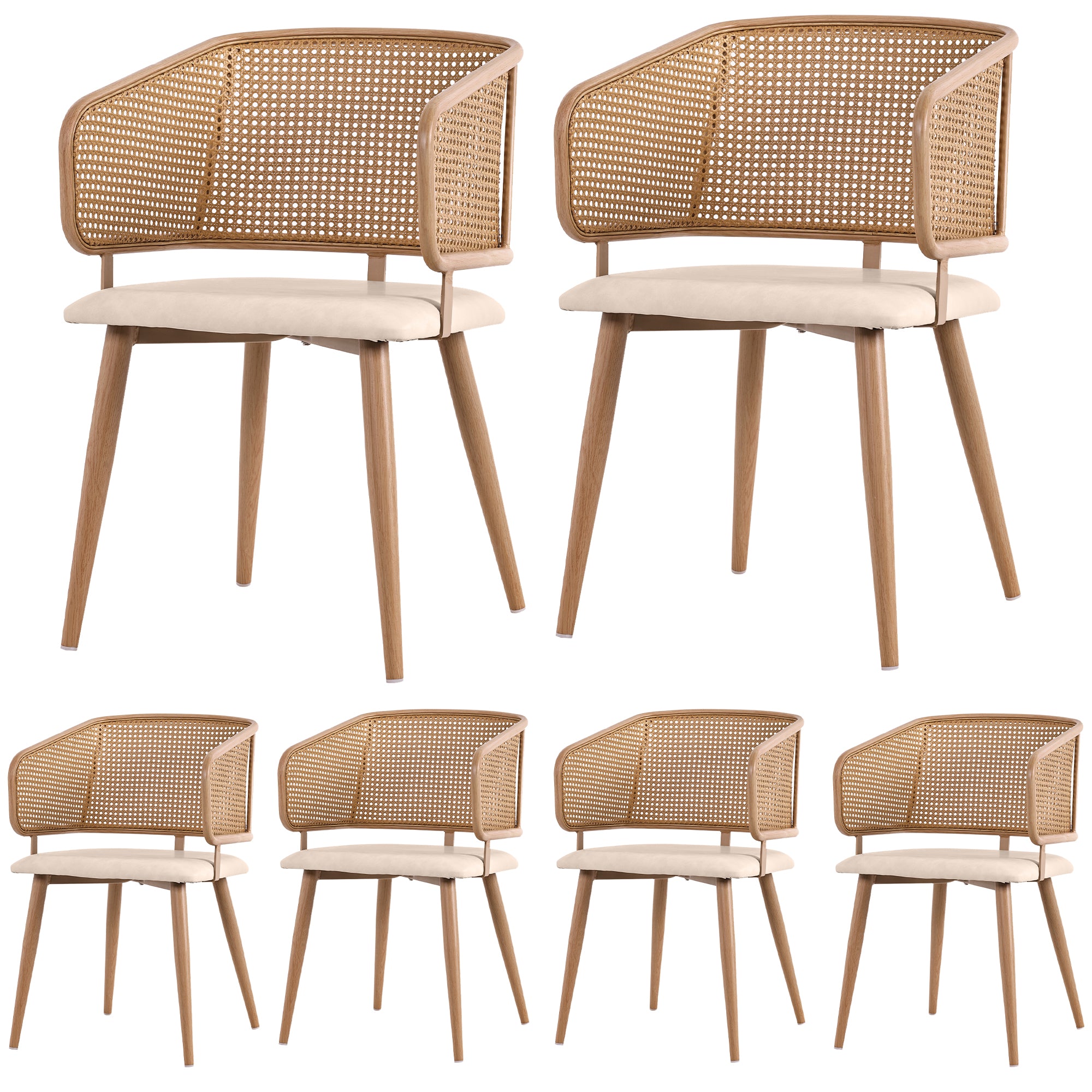 Dining Chairs, Set of 6 Rattan Backrest PU Leather Seat, Modern Style