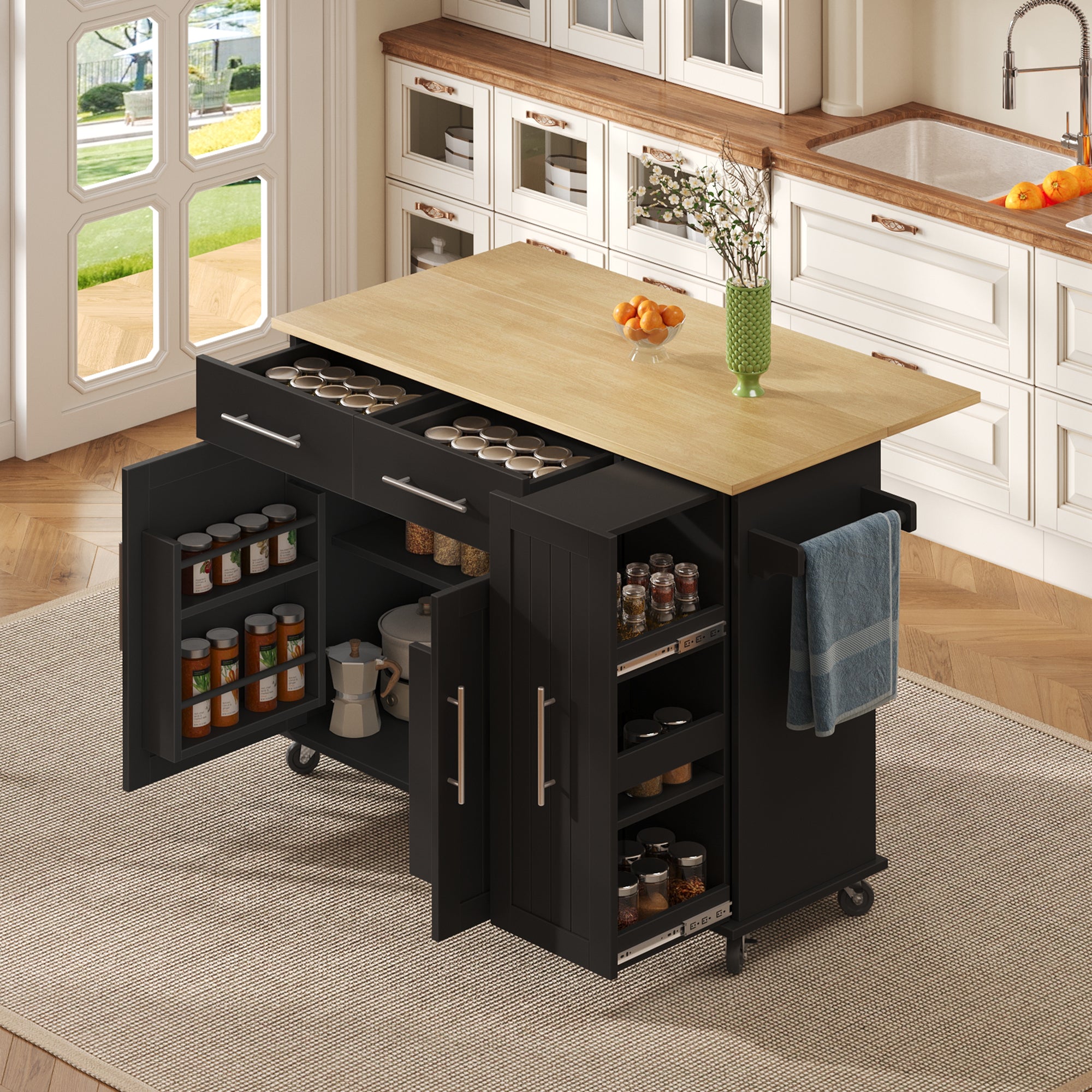 Kitchen Island Storage Cart, Drop Leaf 3-Tier Cabinet 2 Drawers, Black