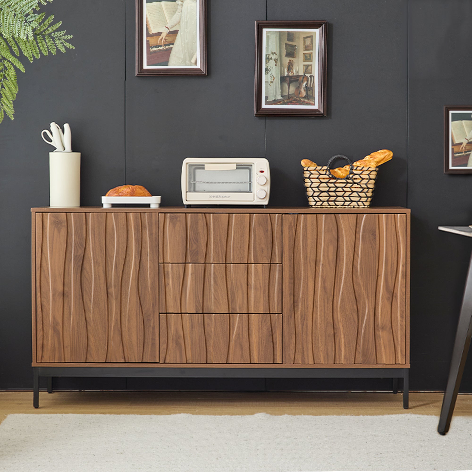 Sideboard 150cm with 3 Drawers and One-Piece Cutout, Dark Grained Oak