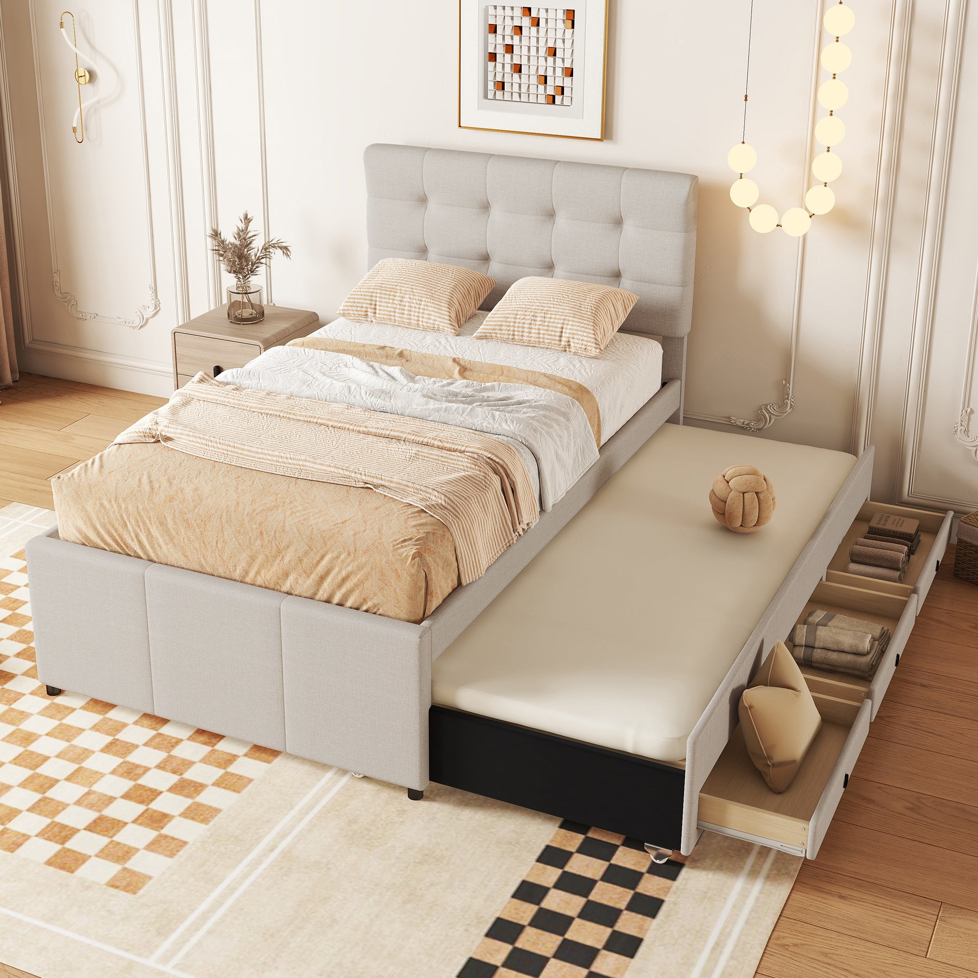 Upholstered Bed 90x200cm with 3 Drawers, Pull-out Trundle Bed, Adjustable Headboard, Beige