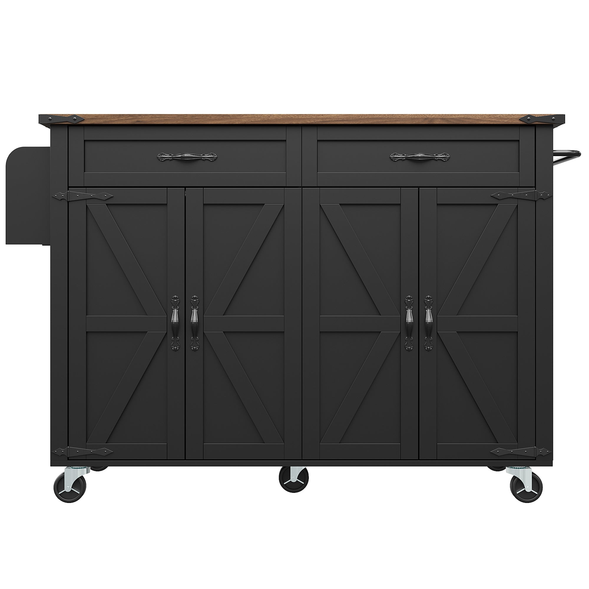 Kitchen Island Serving Trolley with Pull-out Worktop 4 Doors 2 Drawers Wood Grain Finish Black