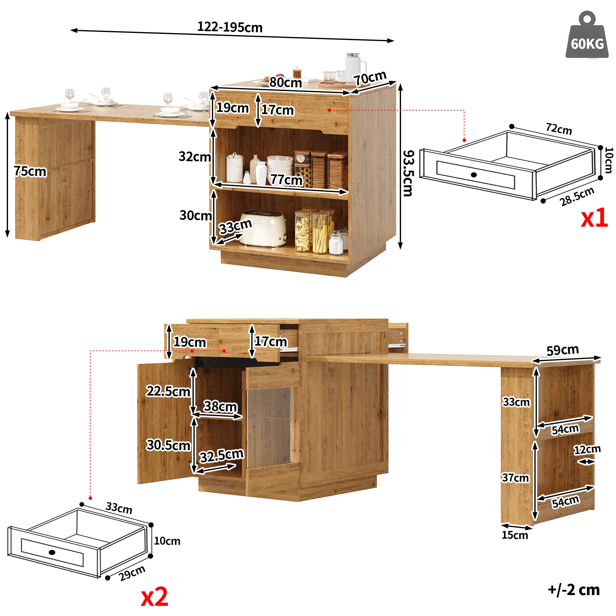 Kitchen Island with Extendable Table, Multifunctional Cabinet with LED Lighting and Drawers, Oak Look