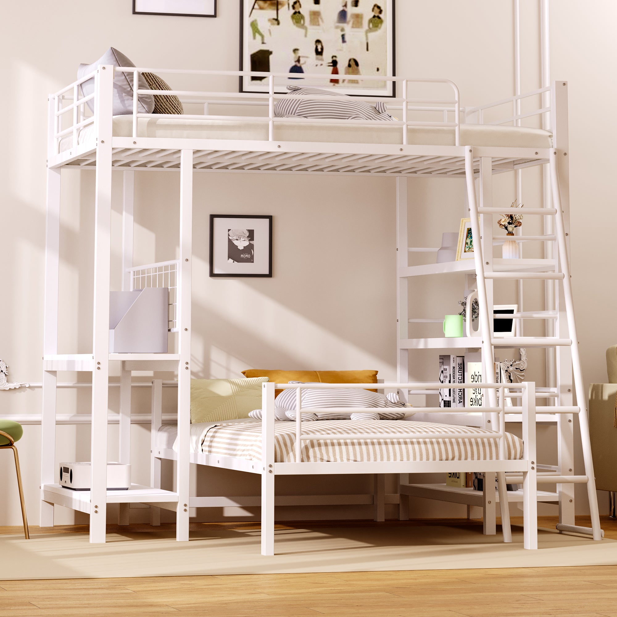 Bunk Bed, Metal Frame Loft with Storage, White