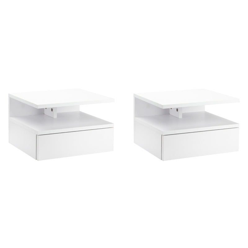 Set of Two Floating Bedside Tables with Drawer and Shelf - White