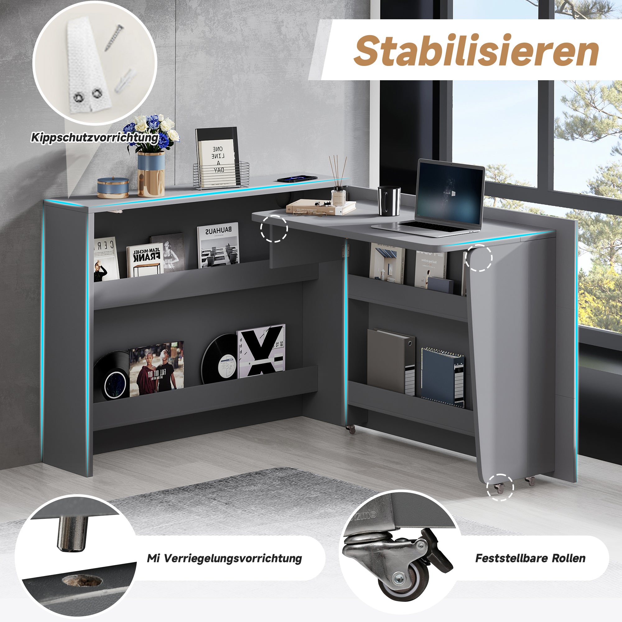Foldable Desk, 2-in-1 Sideboard & Workstation with Wireless Charger, Wheels & Anti-Tip
