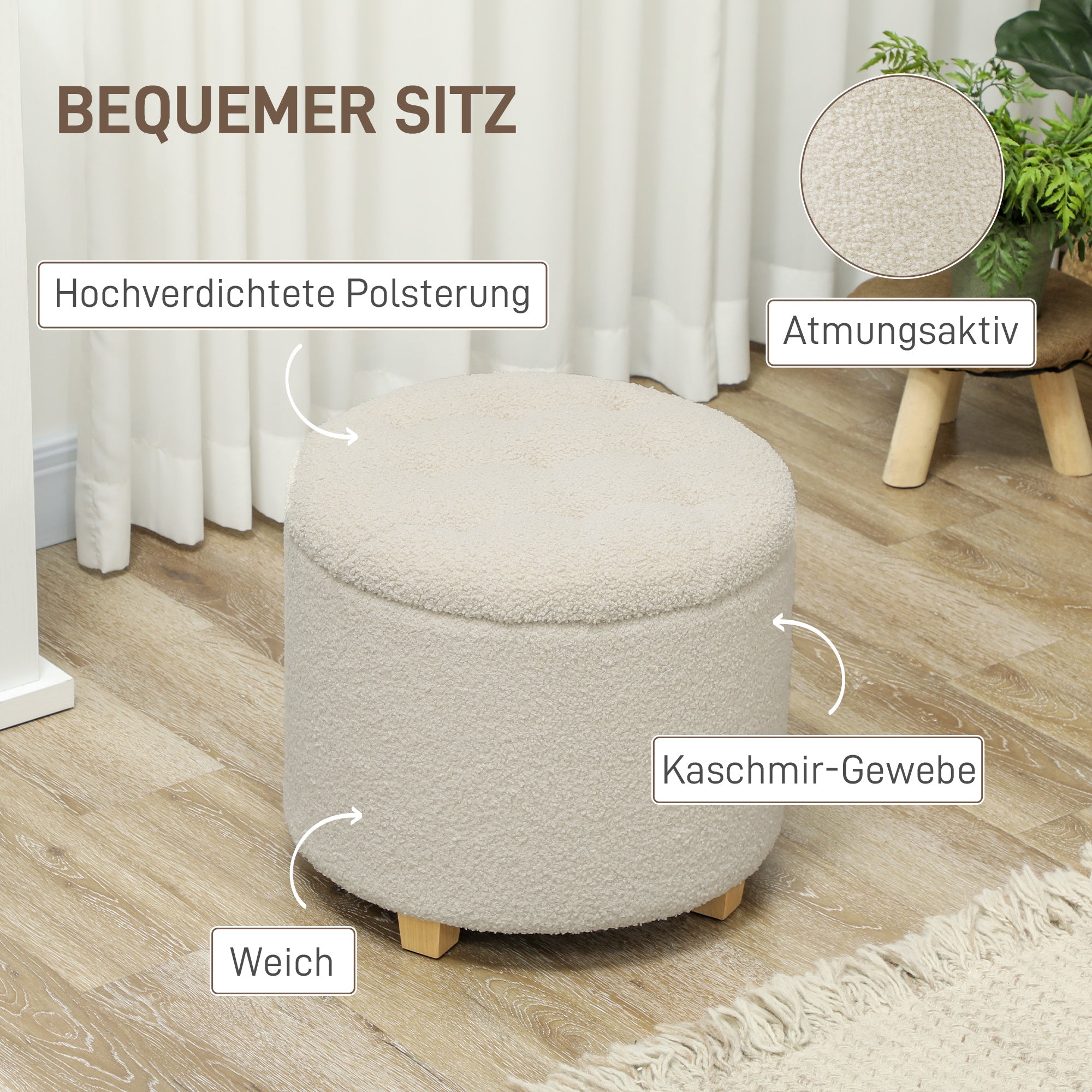 Storage Bench, Upholstered with Lid Cashmere Look Ø45 x 41 cm, Cream White