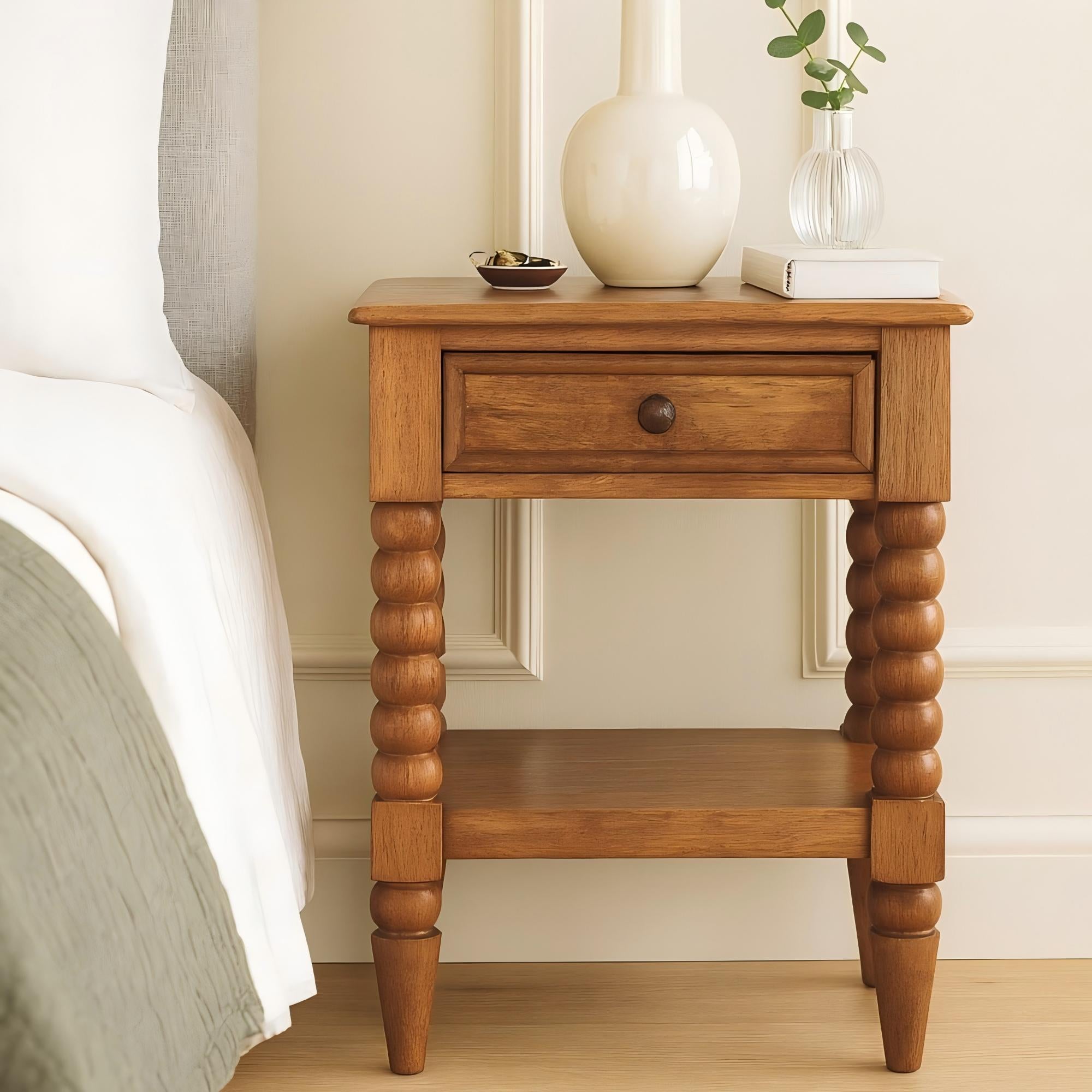 Solid Wood Bedside 1 Drawer 1 Shelf Brown