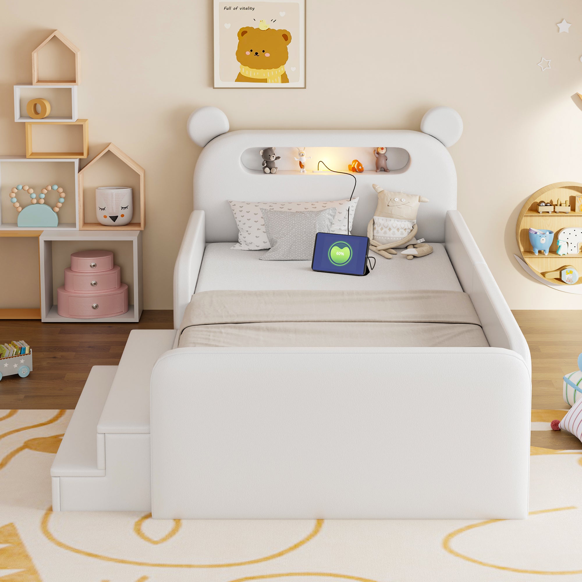 Children's Upholstered Bed 90x200cm Bear Headboard Night Light USB Storage Step Seat White Faux Leather
