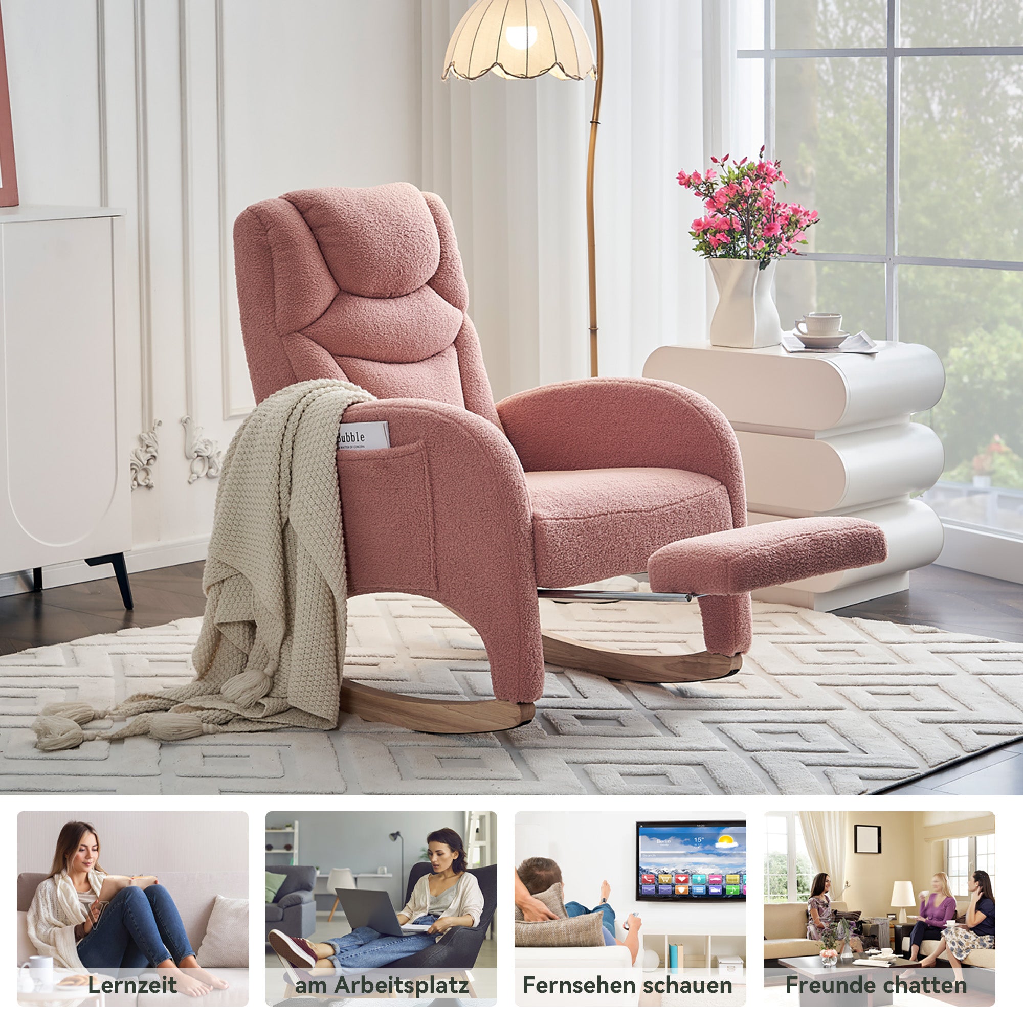 Rocking Chair, Upholstered with Armrest, Accent for Bedroom, Pink Teddy Fabric