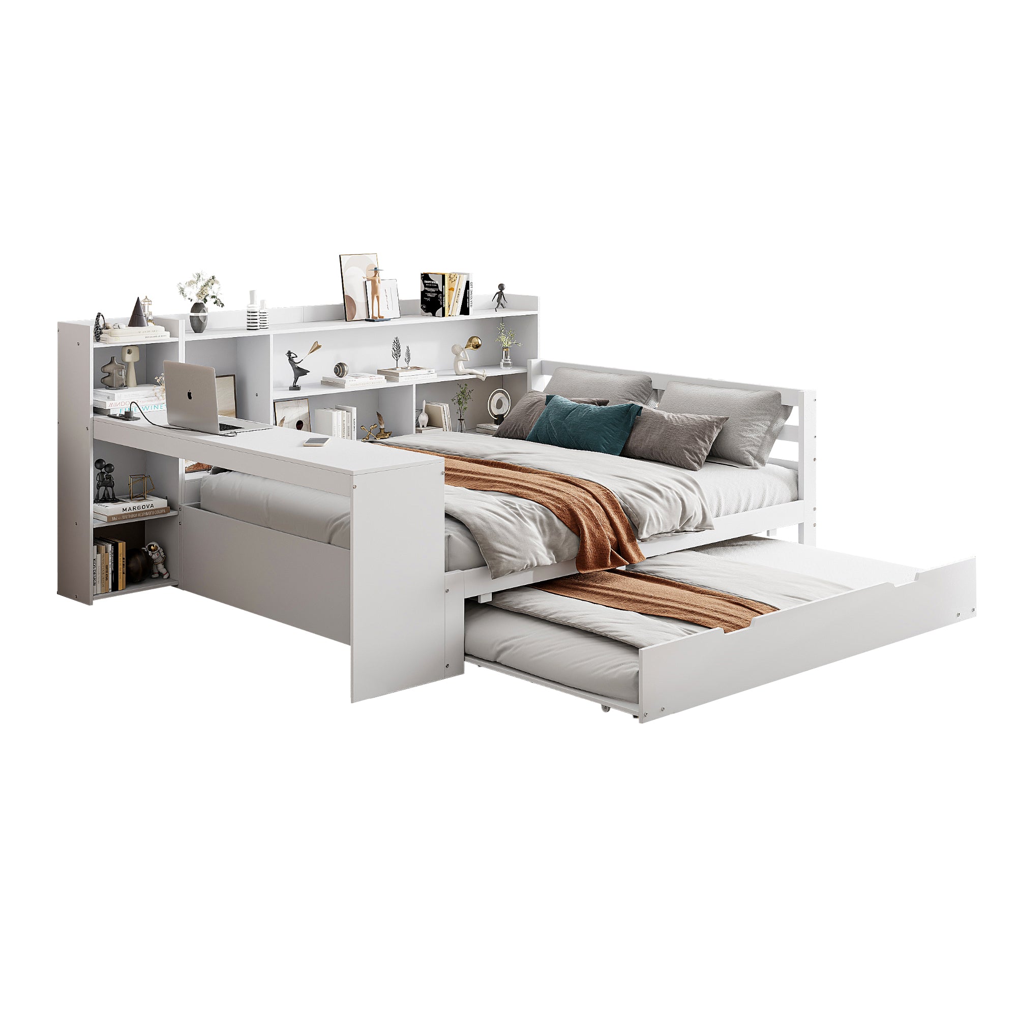 Sofa Bed, Multifunctional Double with Desk, Bookshelves, Storage, Power Outlets, Pull-Out Bed, Solid Wood