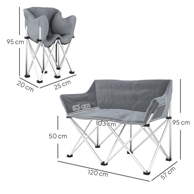 Folding Chair 2 Seater Camping with Armrests Side Pocket, Padded