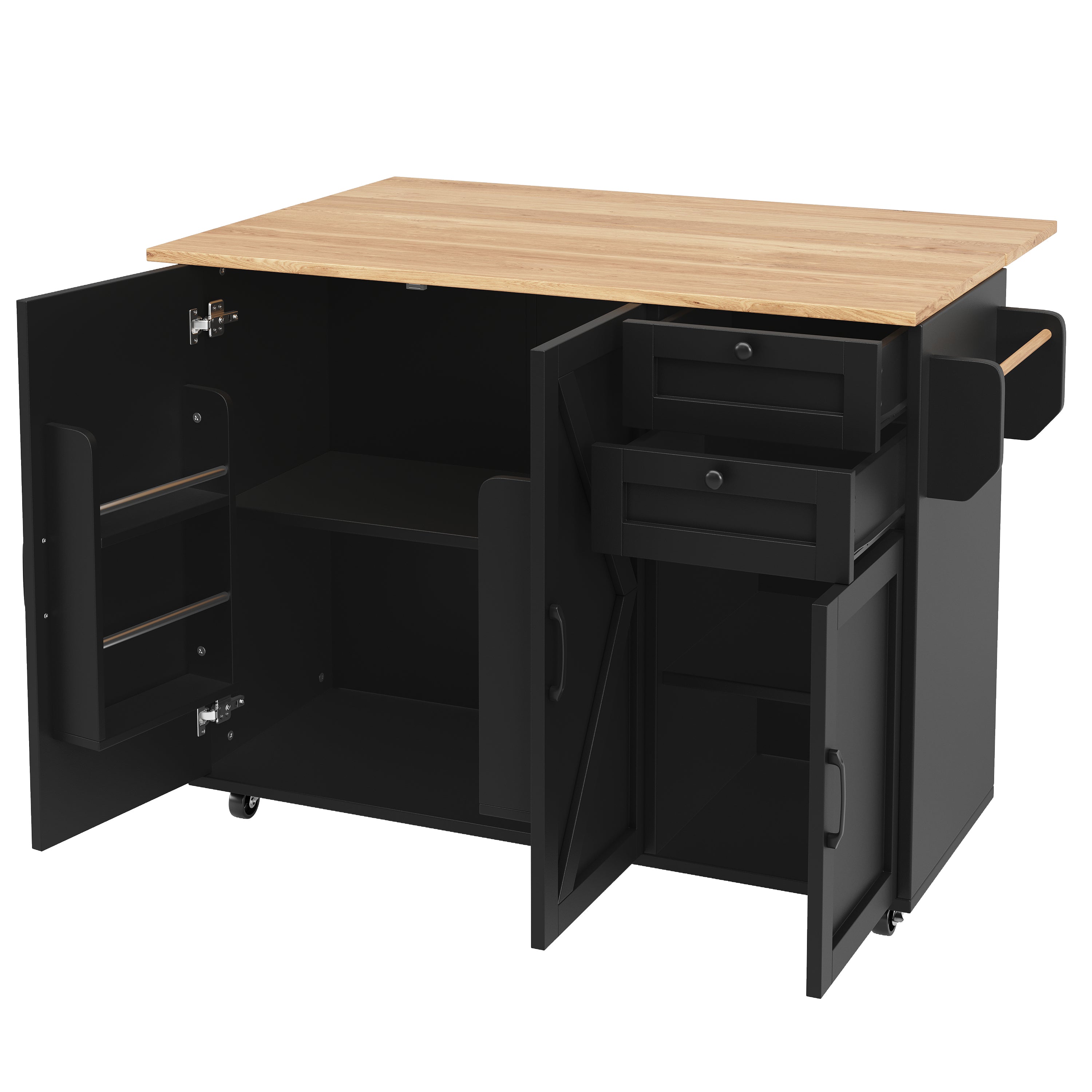Multifunctional Kitchen Island Dining Table with Storage, Snack Shelves, Wood Grain Black