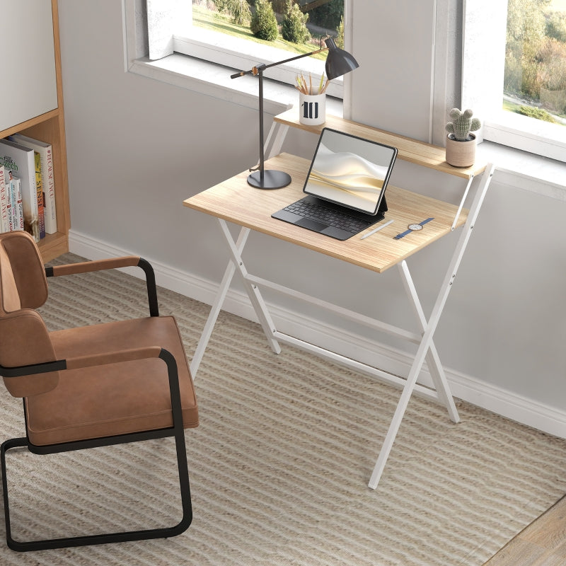Folding Computer Desk, 81.5 cm with Monitor Shelf - Natural Wood Finish