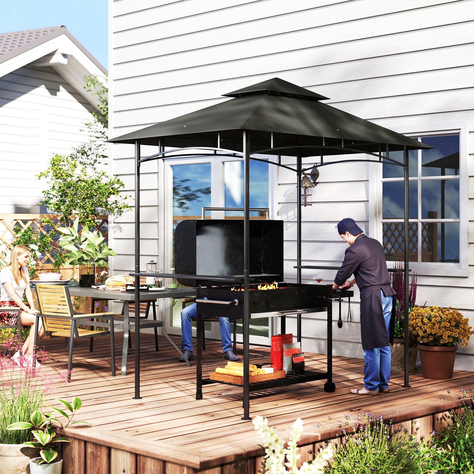 Grill Gazebo, Double Tiered BBQ Shelter Canopy with LED Lights, 2 Side Shelves, Hooks, Dark Grey