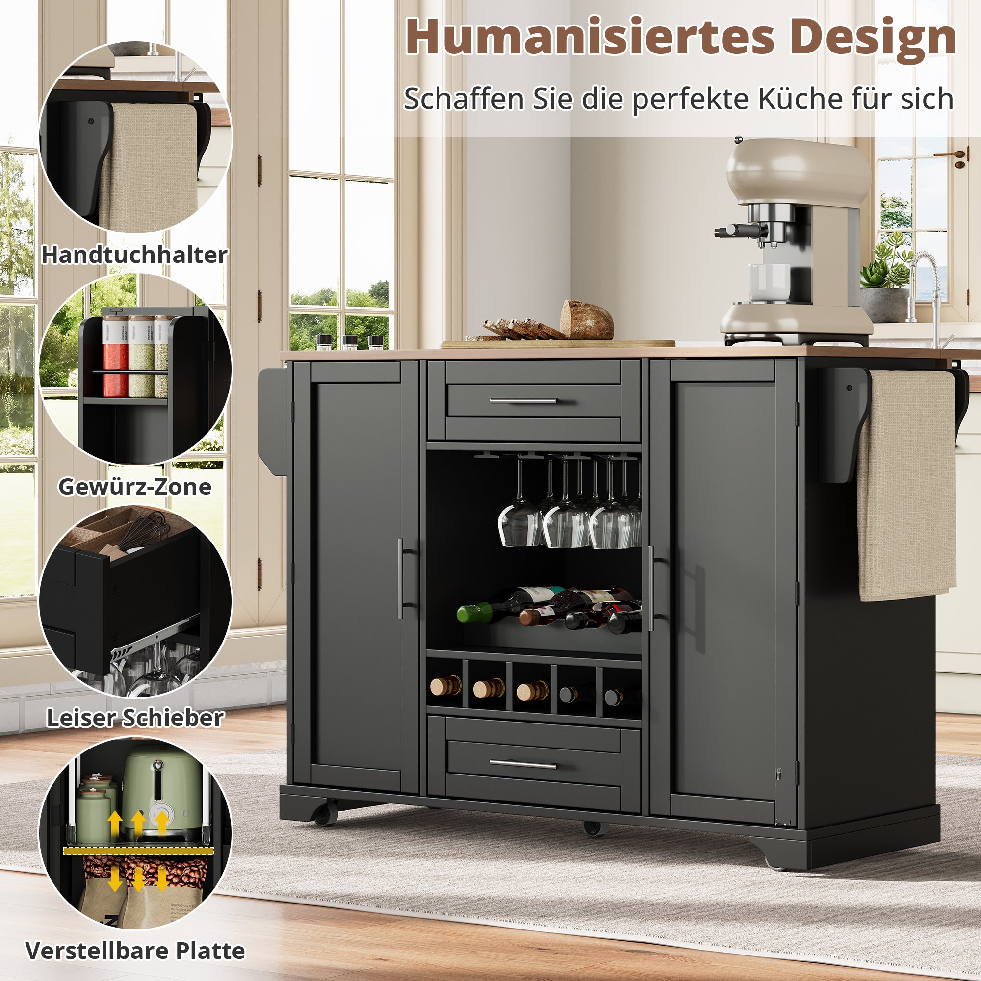 Kitchen Island Cart Folding Worktop Wine Rack Storage - Black