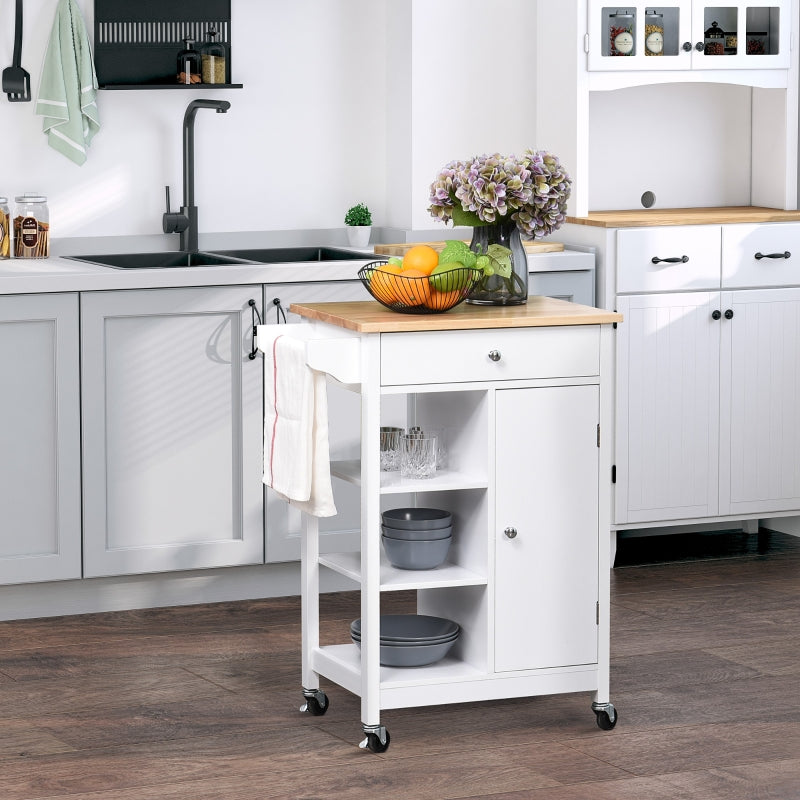 Kitchen Trolley Island on Wheels, 3 Shelves Storage Cupboard, Wood Top, White