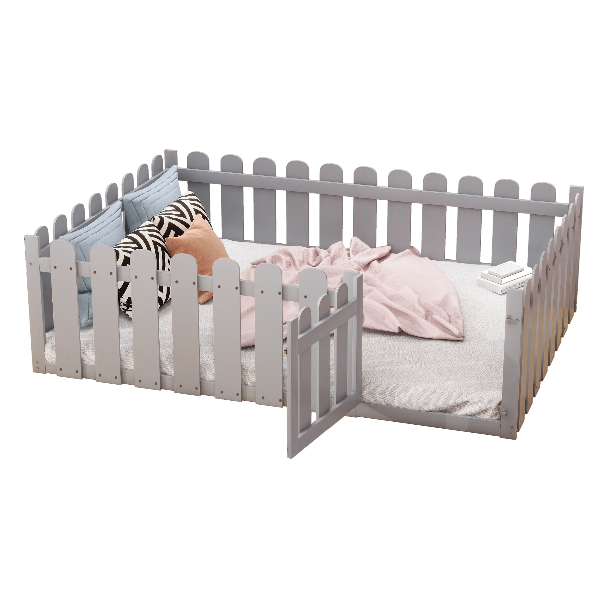Children's bed 140x200cm wooden bed frame with border and door, grey