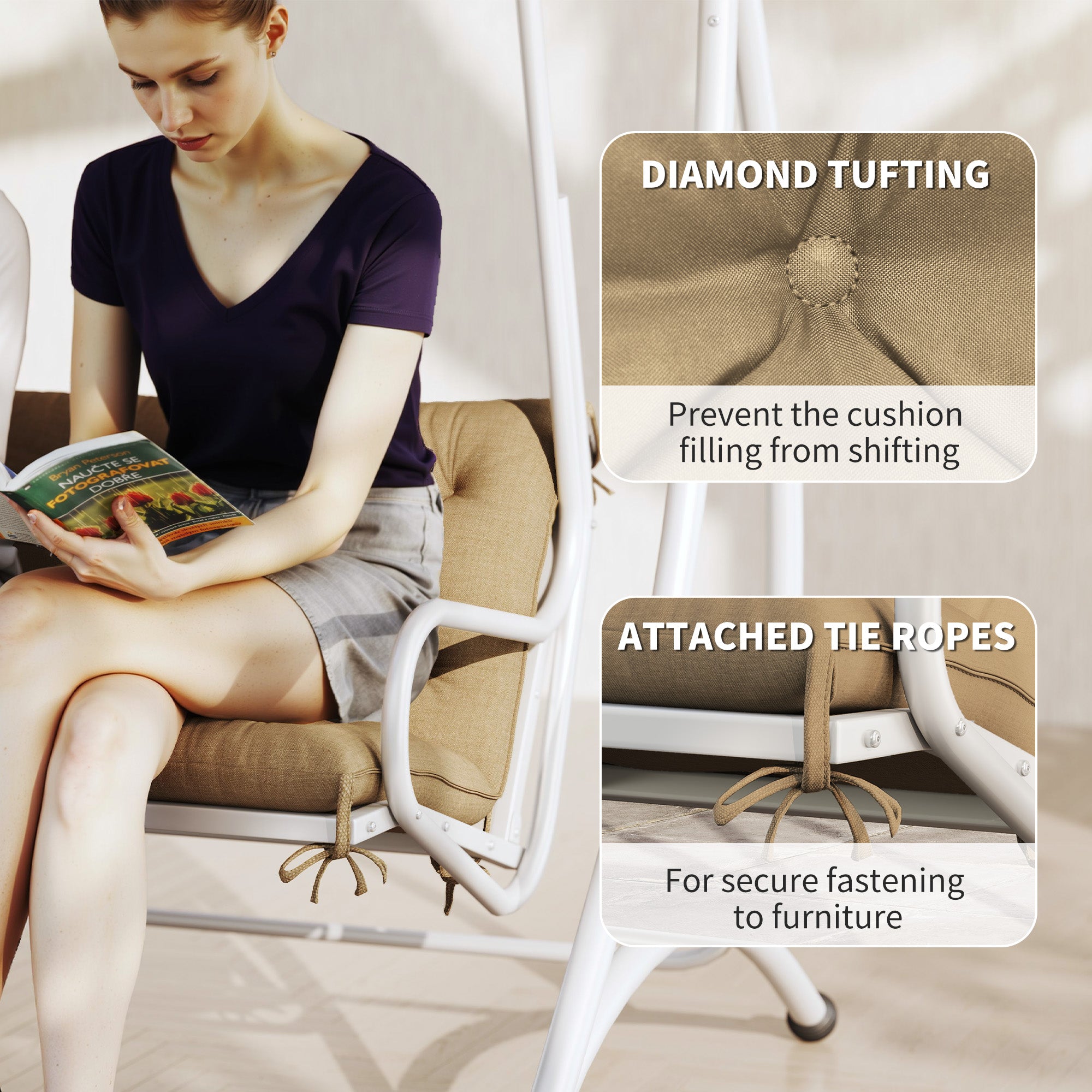 Three-Seater Bench Cushion Padded Polyester Khaki