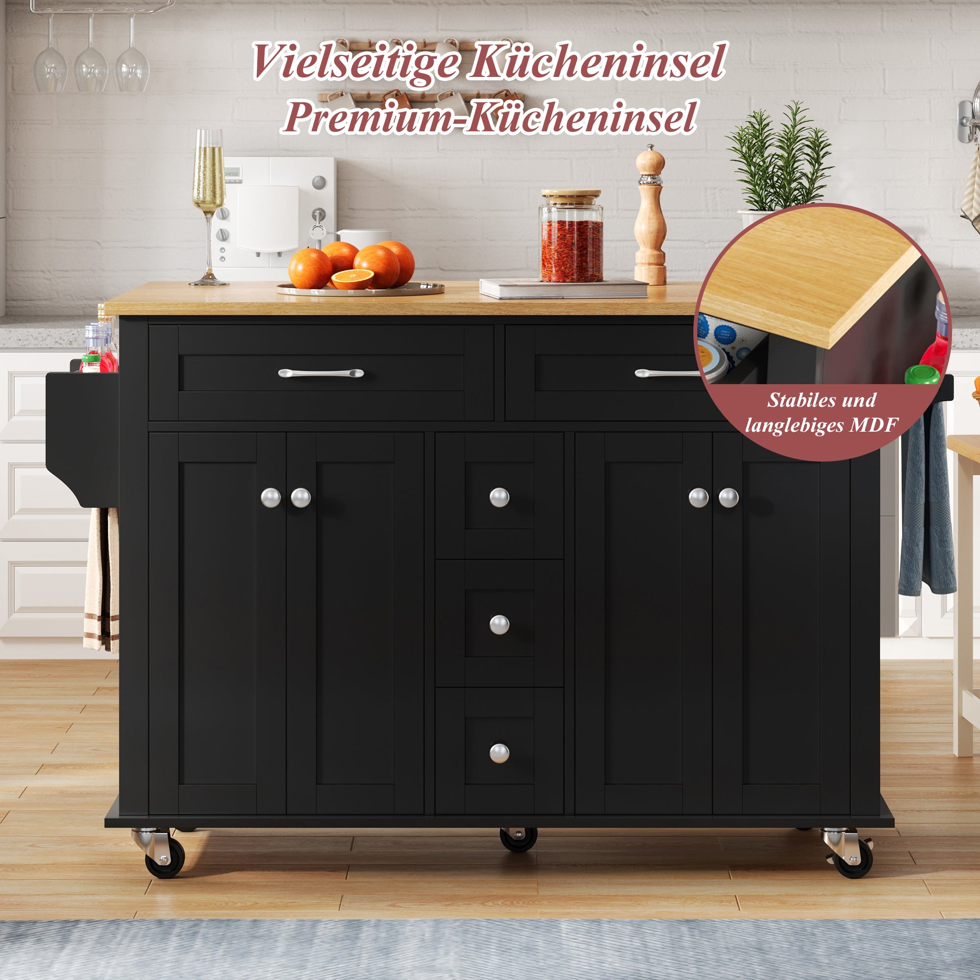 Multifunctional Kitchen Island Mobile Trolley with Extendable Worktop, 5 Drawers & Spice Rack