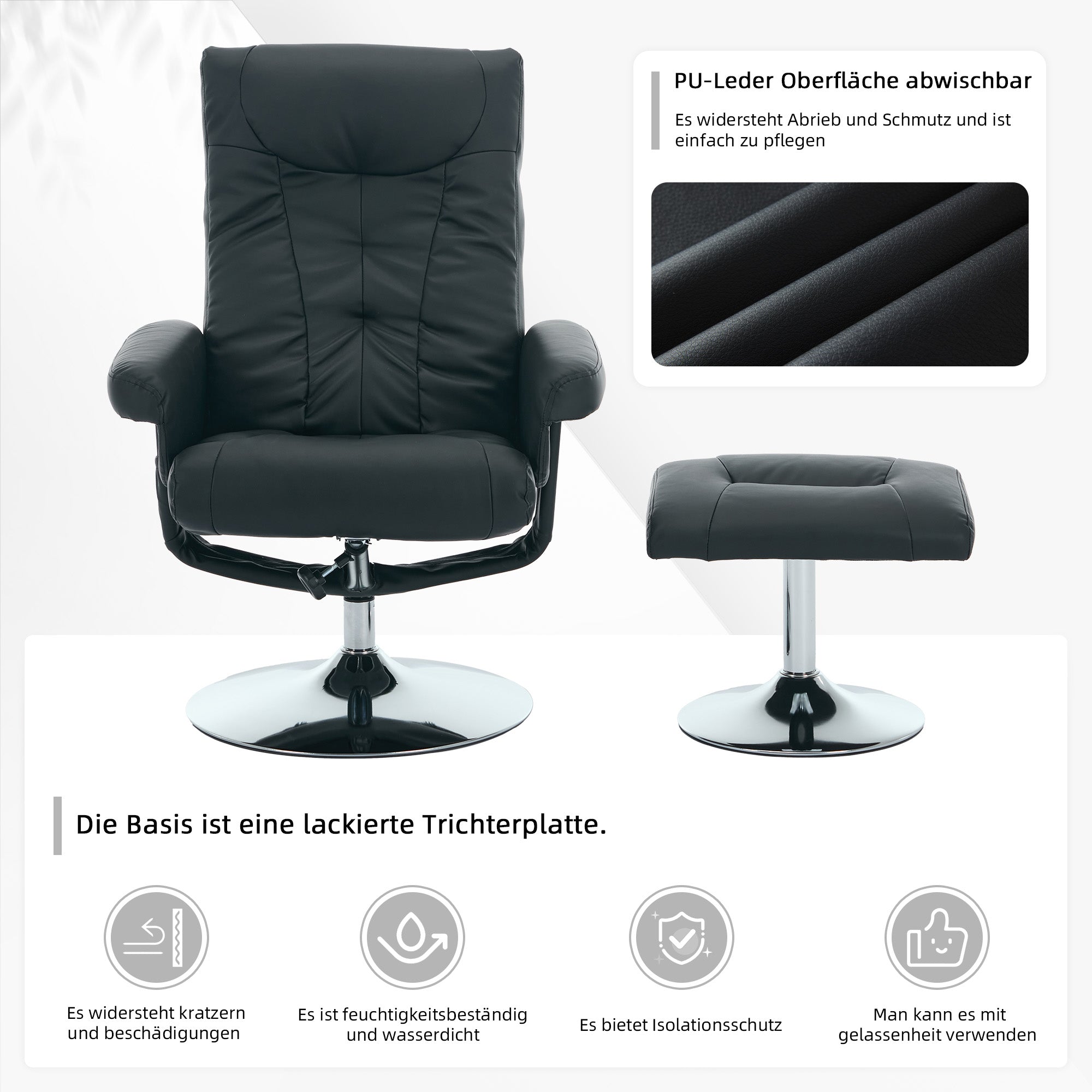 024 Recliner Chair, 5-Point Massage, Electric Heat & Footstool, 360° Swivel, Black PU Fabric