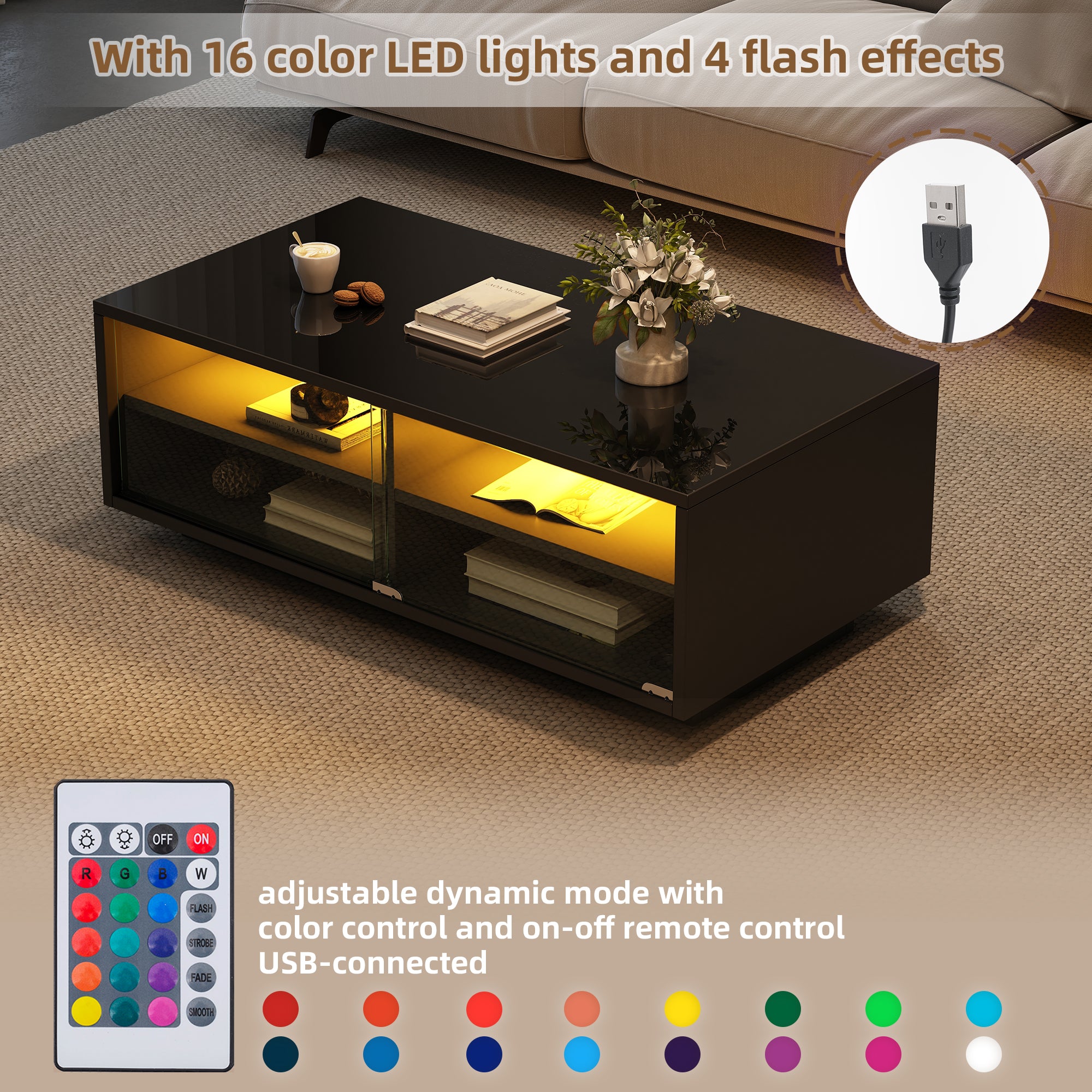 LED Coffee Table with 2 Drawers and Tempered Glass Door, Black High-Gloss