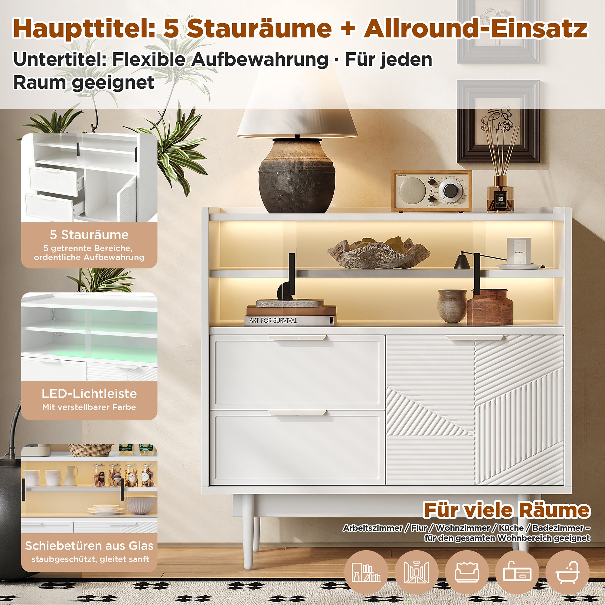 Storage Cabinet Sideboard with Light Strip, 80 cm Wide, Glass Door